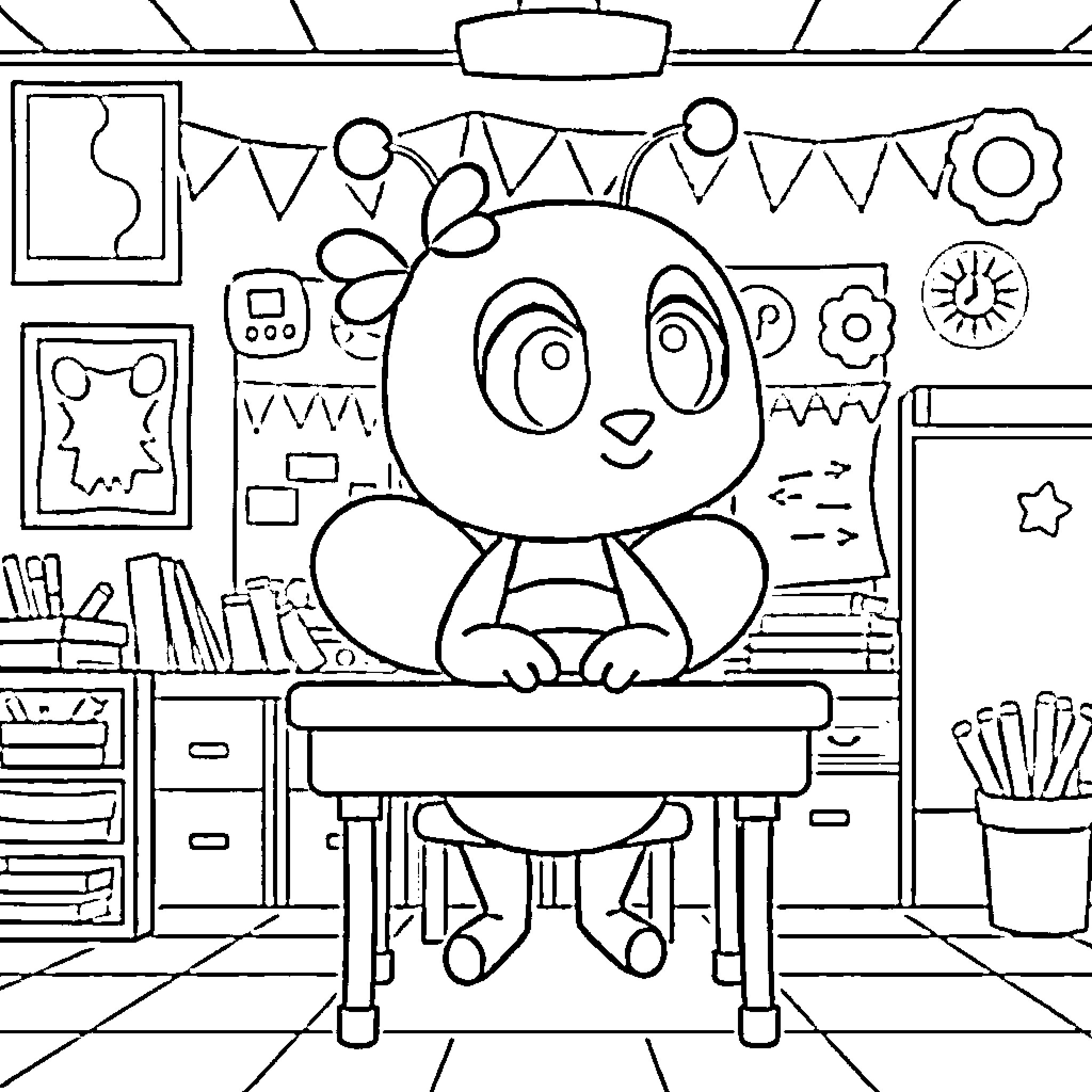 Cocobee Cheerful Character in Classroom Setting Coloring Page (free black-and-white line drawing printable PDF for all, from beginners to advanced learners, including children, teens, adults, and seniors)