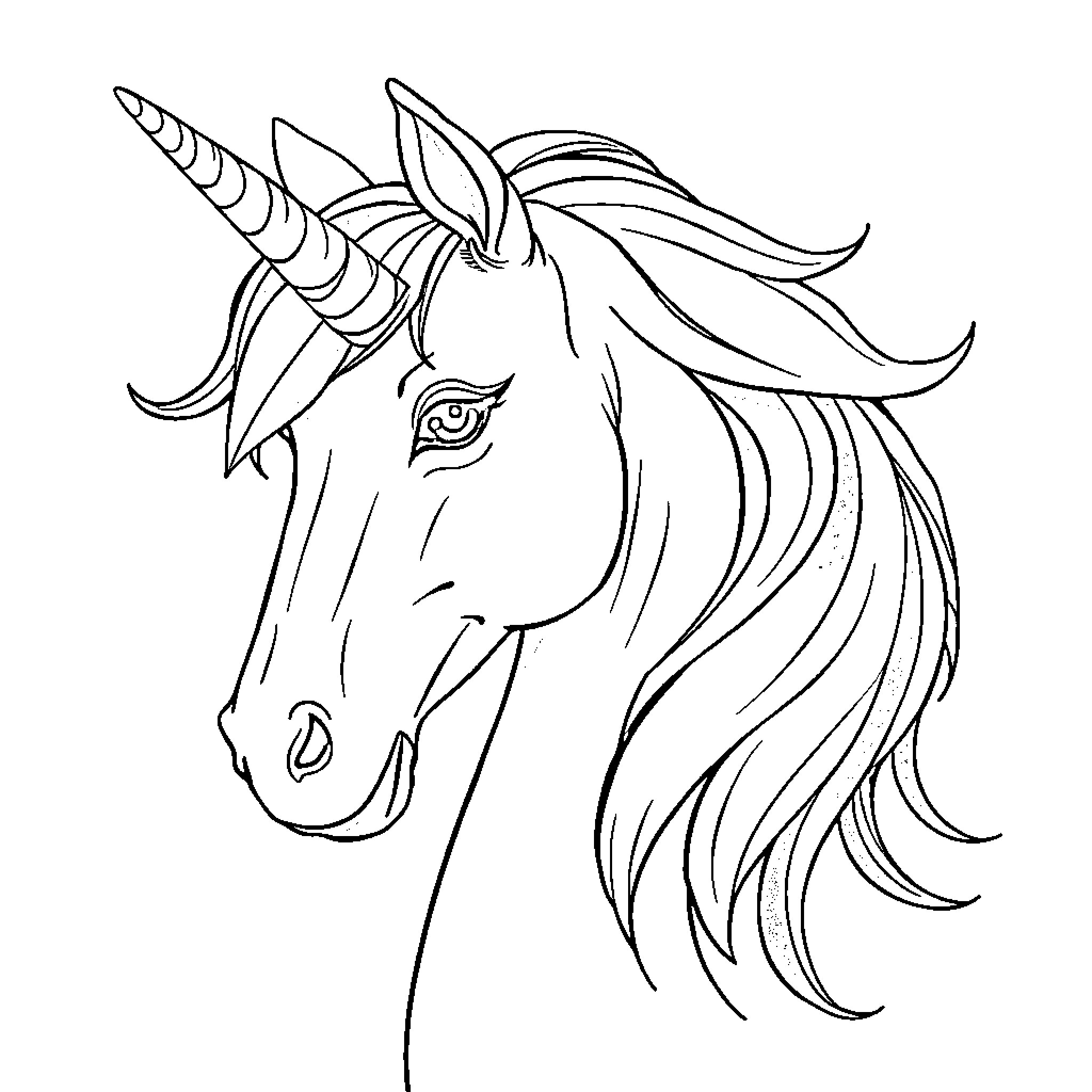 Unicorn with majestic flowing mane Coloring Page (free black-and-white line drawing printable PDF for all, from beginners to advanced learners, including children, teens, adults, and seniors)