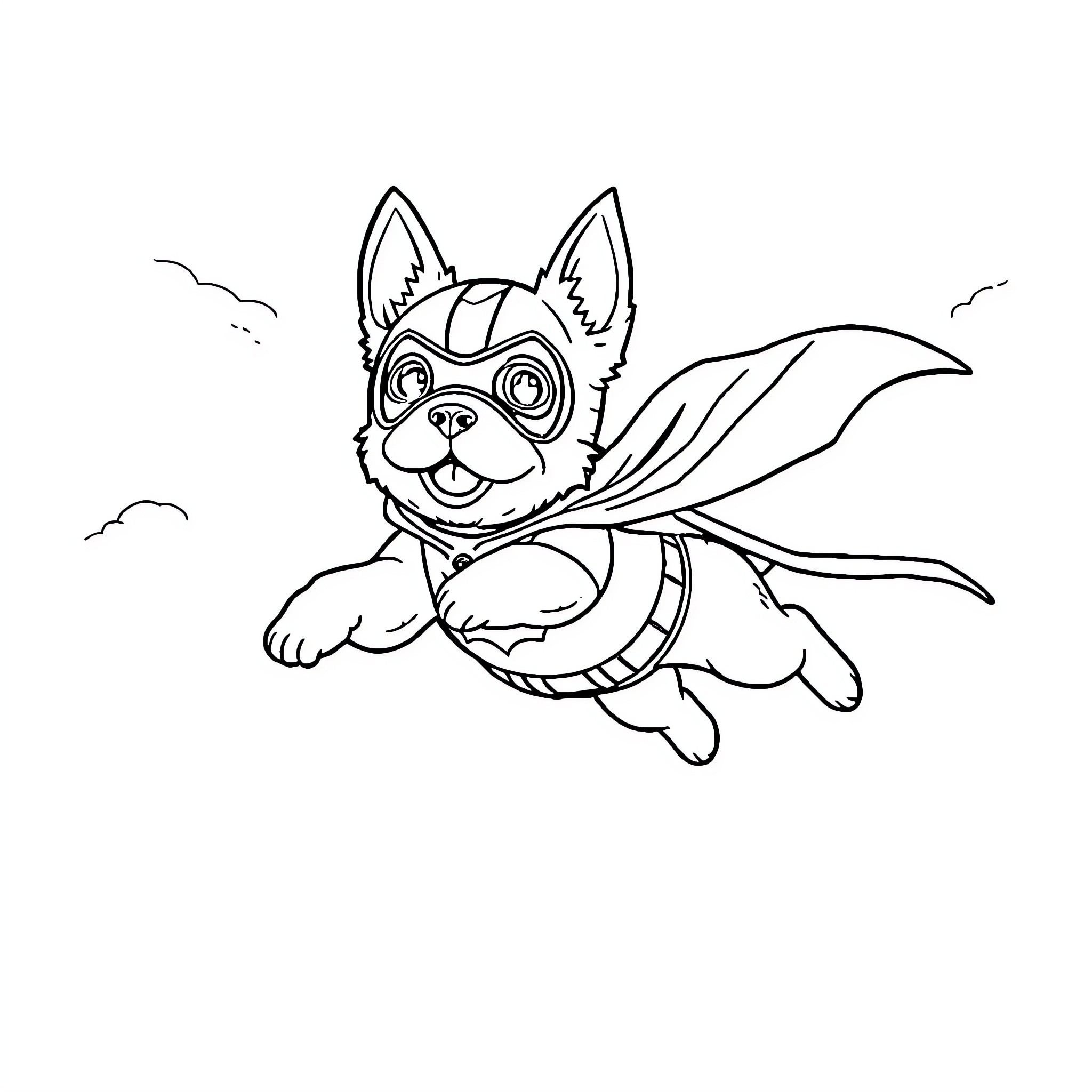 Dog Flying with Superhero Costume Coloring Page (free black-and-white line drawing printable PDF for all, from beginners to advanced learners, including children, teens, adults, and seniors)