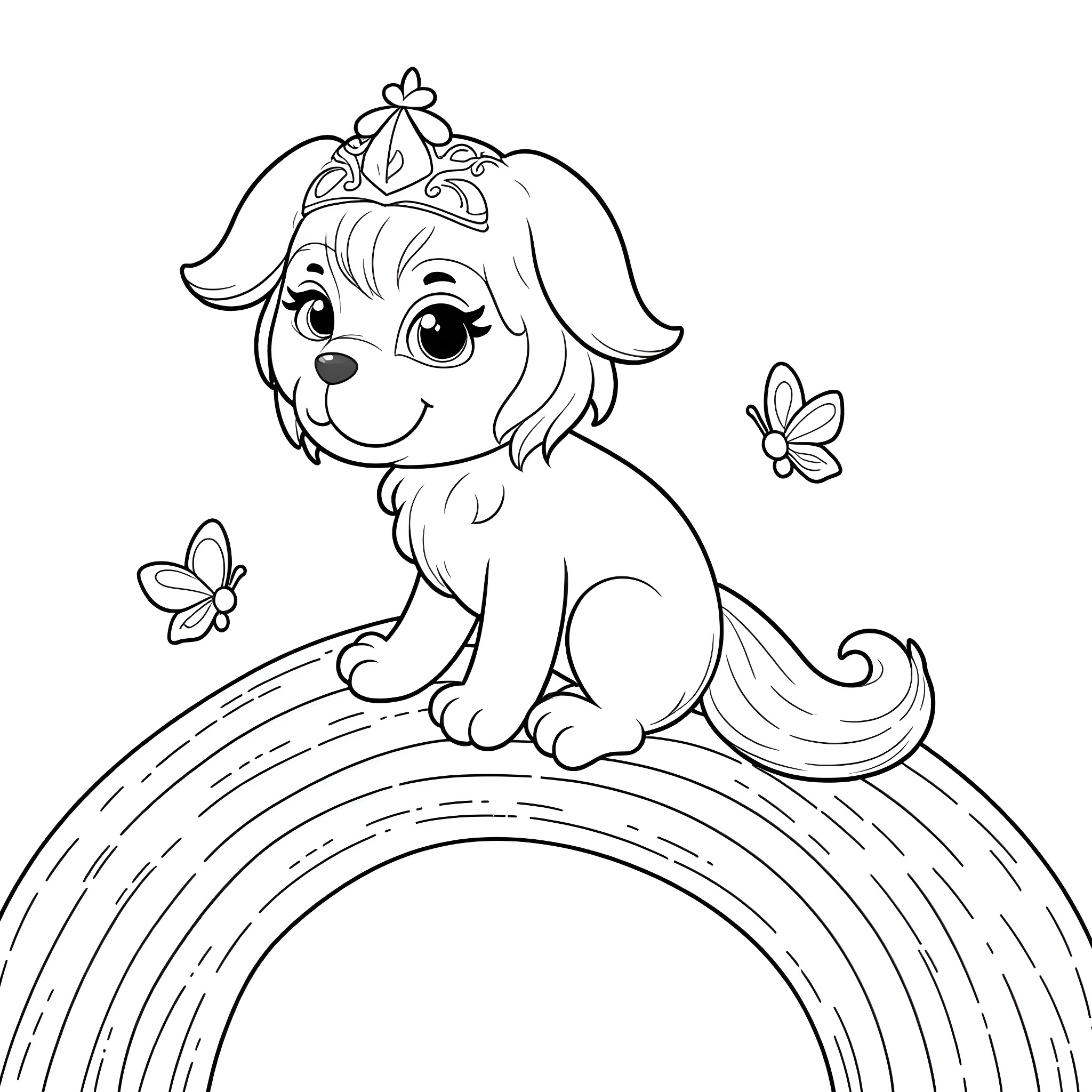 Puppy sitting on a rainbow with butterflies Coloring Page (free black-and-white line drawing printable PDF for all, from beginners to advanced learners, including children, teens, adults, and seniors)