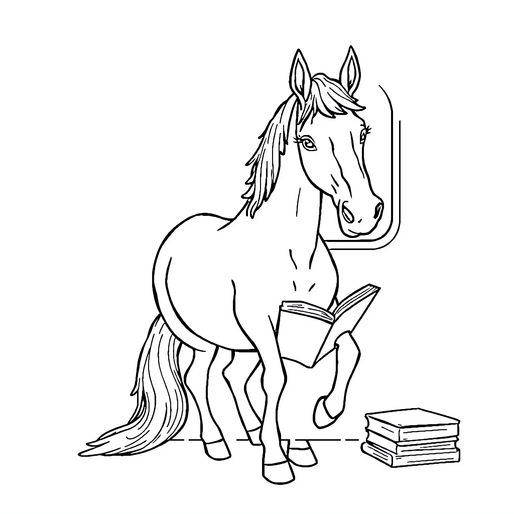 Horse reading books in the library Coloring Page (free black-and-white line drawing printable PDF for all, from beginners to advanced learners, including children, teens, adults, and seniors)
