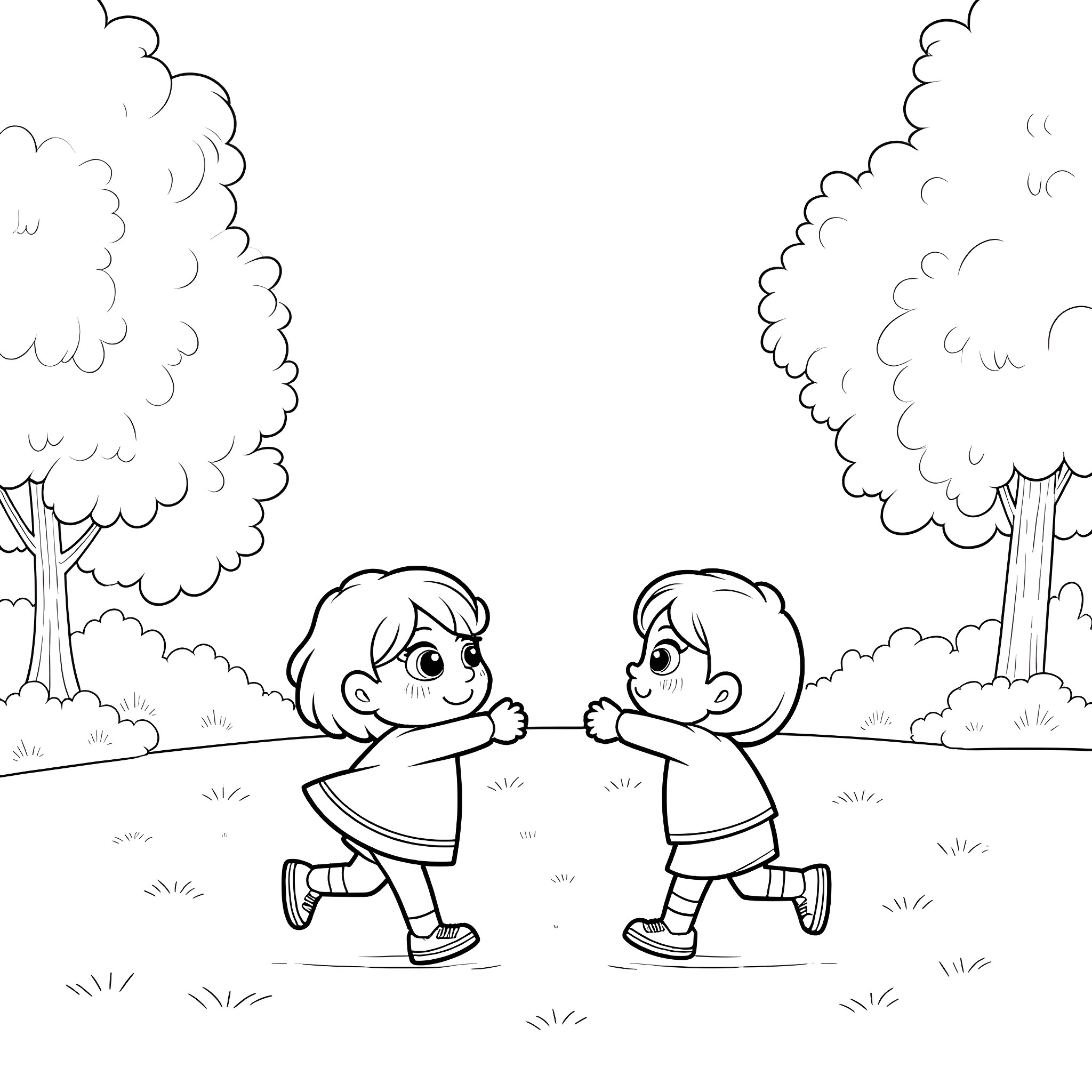 Mabel and friend playing outdoors in the park Coloring Page (free black-and-white line drawing printable PDF for all, from beginners to advanced learners, including children, teens, adults, and seniors)