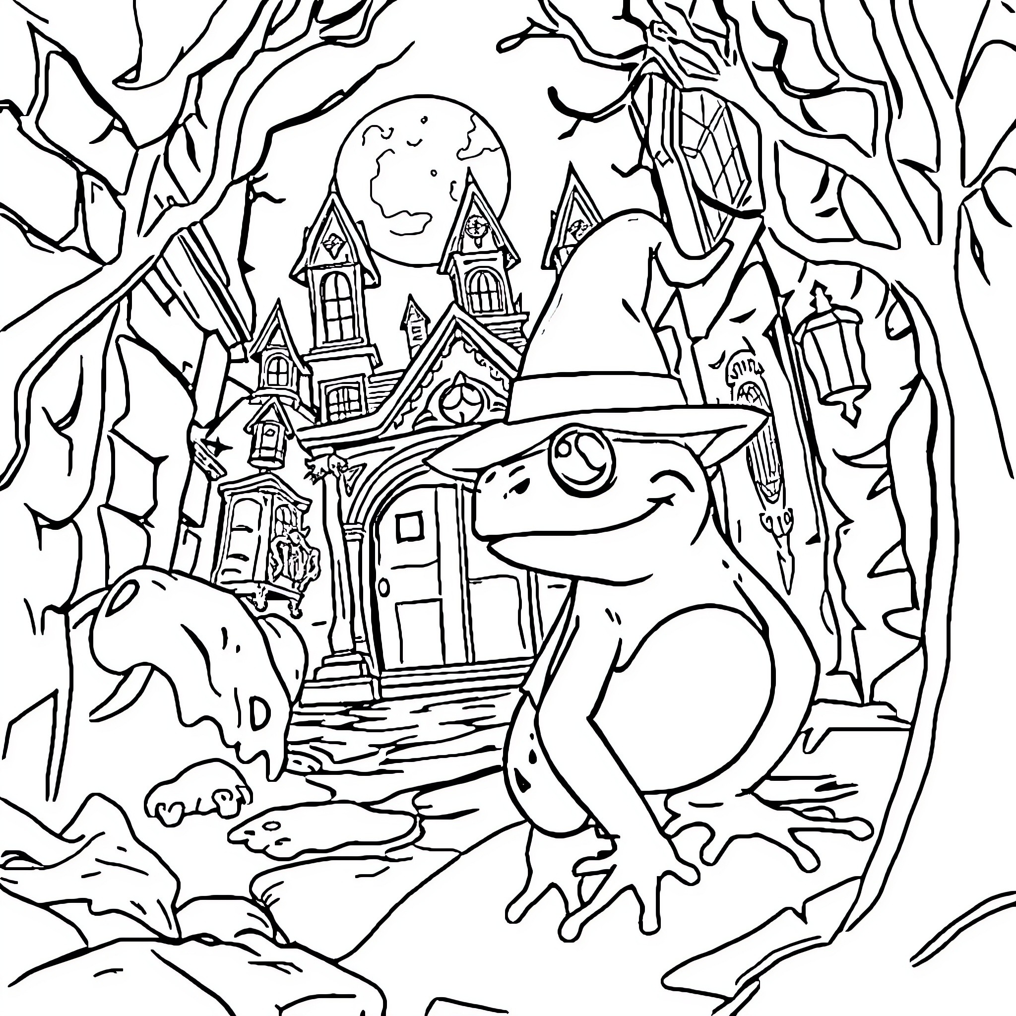 Toad exploring a haunted house in the woods Coloring Page (free black-and-white line drawing printable PDF for all, from beginners to advanced learners, including children, teens, adults, and seniors)