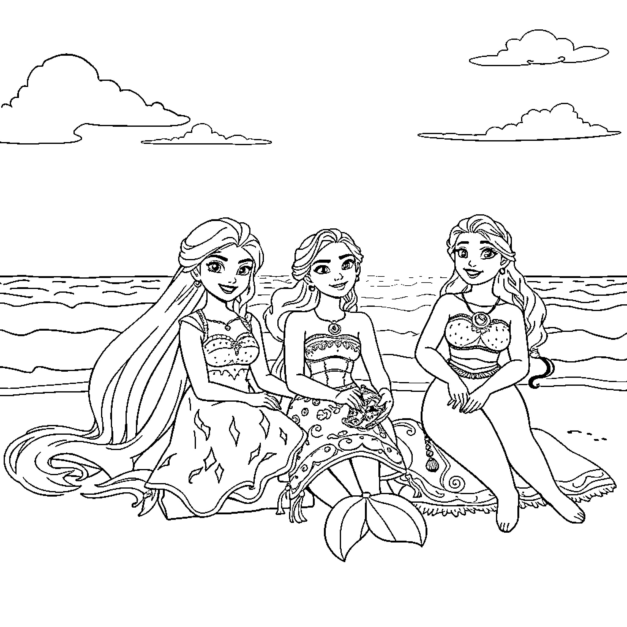 Disney Princesses Enjoying a Serene Beach Scene Coloring Page (free black-and-white line drawing printable PDF for all, from beginners to advanced learners, including children, teens, adults, and seniors)