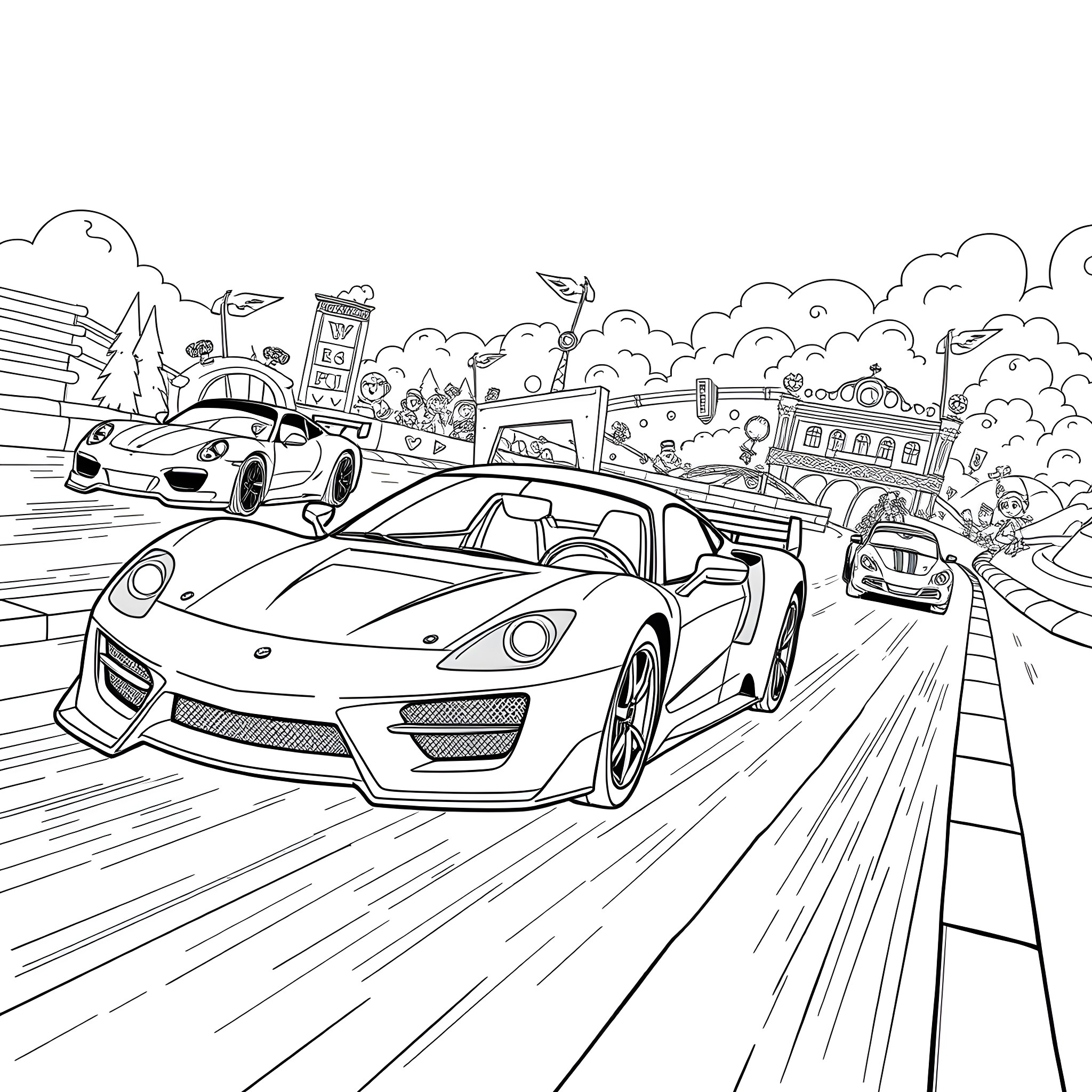 Cars racing on a busy city street Coloring Page (free black-and-white line drawing printable PDF for all, from beginners to advanced learners, including children, teens, adults, and seniors)