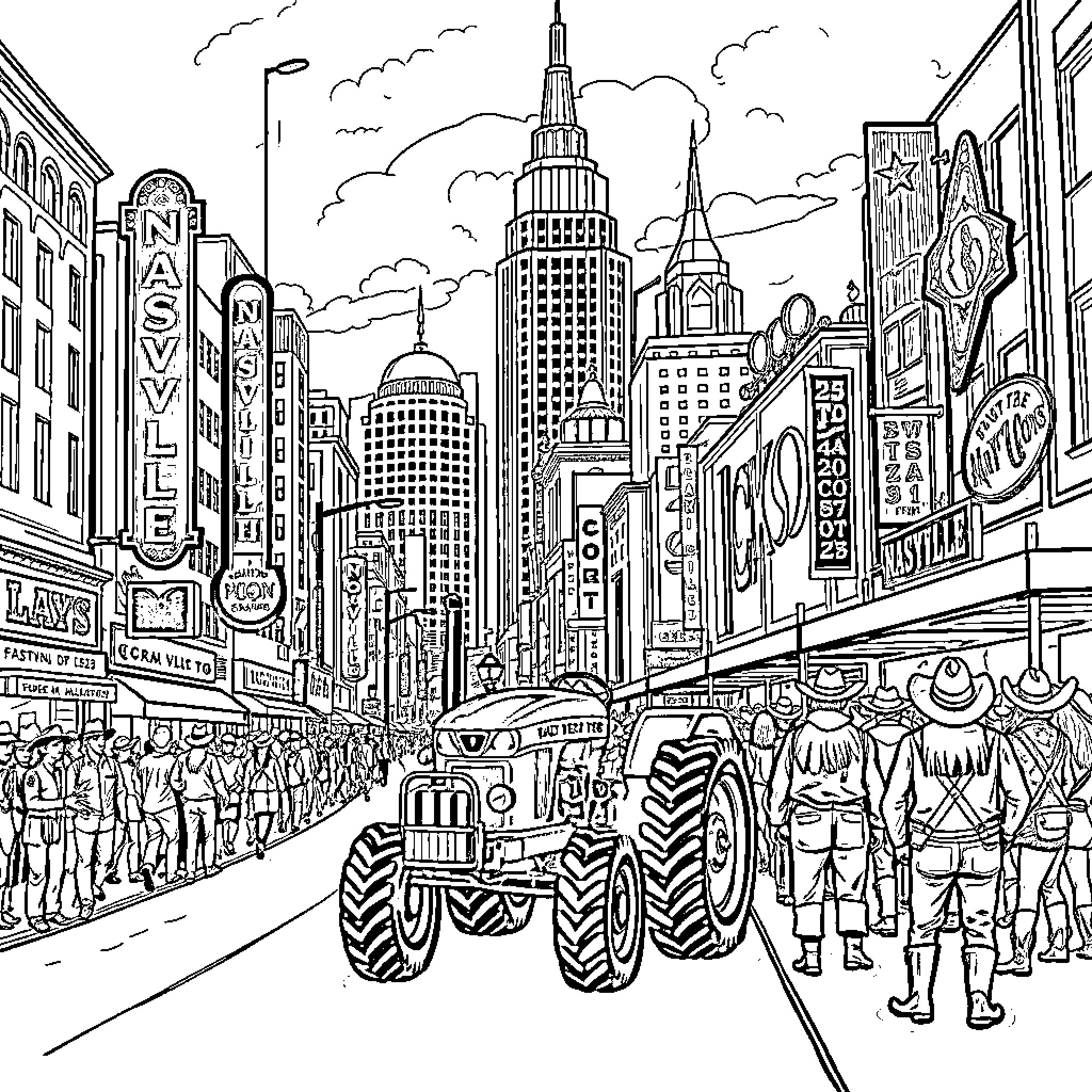 Nashville street scene with busy cityscape and parade Coloring Page (free black-and-white line drawing printable PDF for all, from beginners to advanced learners, including children, teens, adults, and seniors)