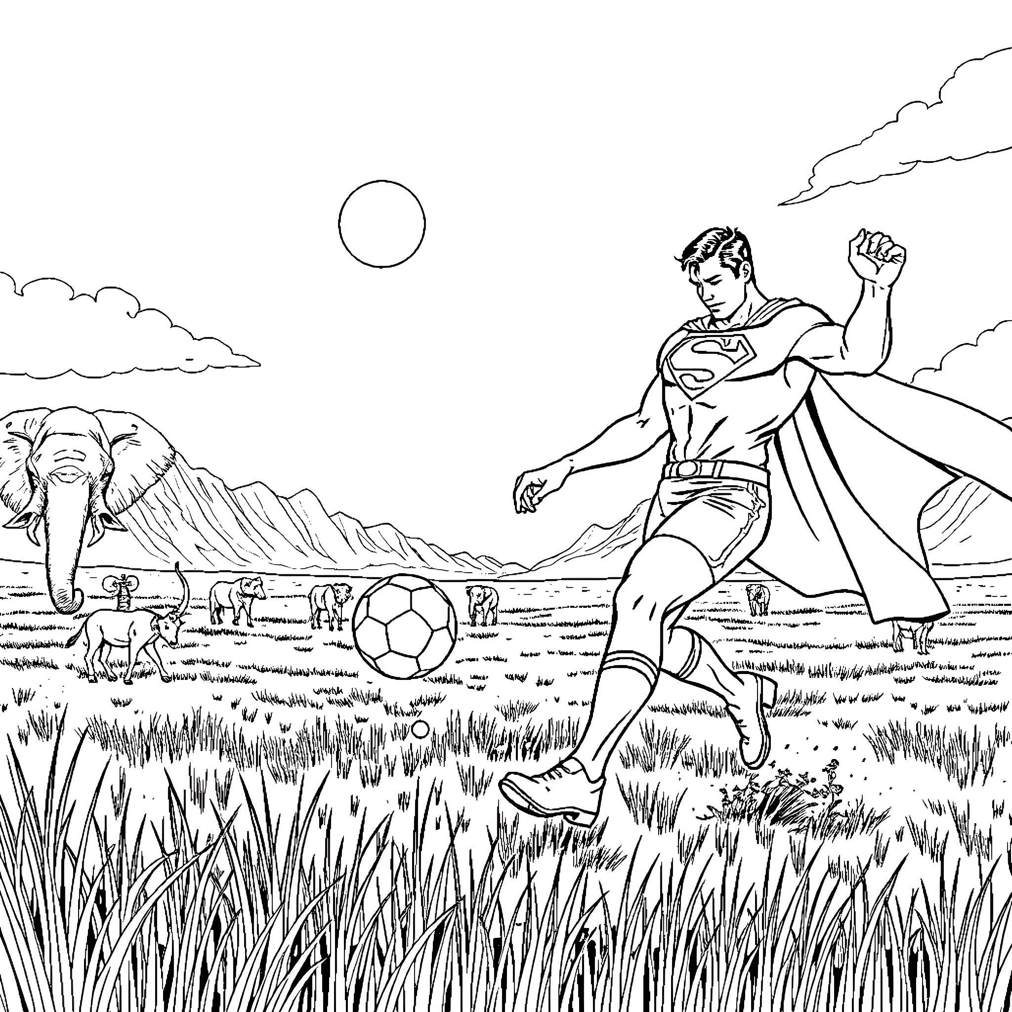 Superman playing with animals in a scenic landscape Coloring Page (free black-and-white line drawing printable PDF for all, from beginners to advanced learners, including children, teens, adults, and seniors)