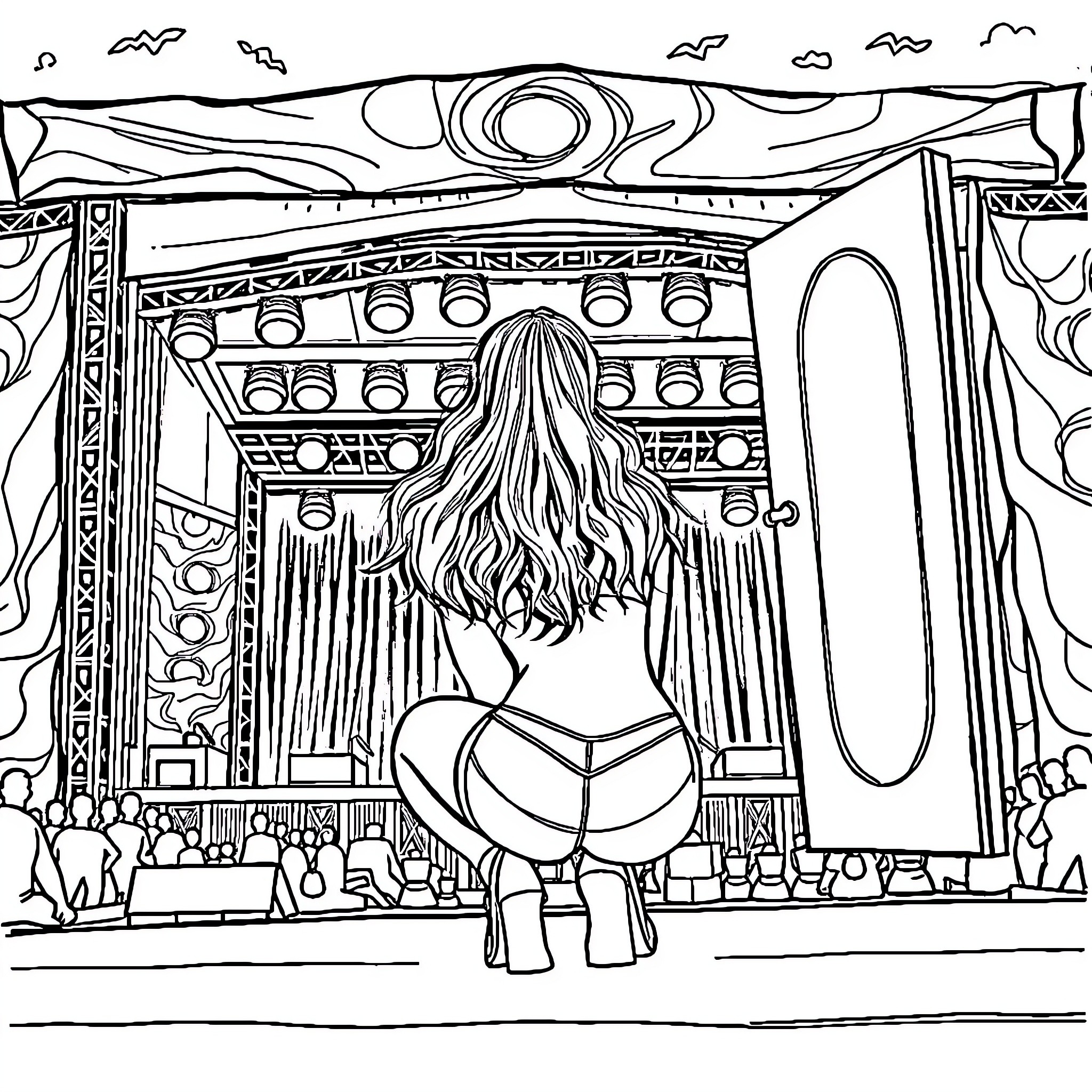 Ariana Grande performing on stage in front of a large crowd Coloring Page (free black-and-white line drawing printable PDF for all, from beginners to advanced learners, including children, teens, adults, and seniors)