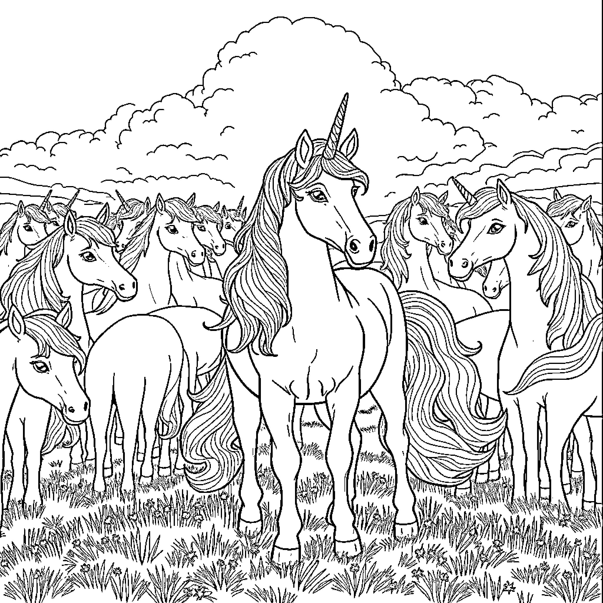 Unicorn herd galloping through lush meadow Coloring Page (free black-and-white line drawing printable PDF for all, from beginners to advanced learners, including children, teens, adults, and seniors)