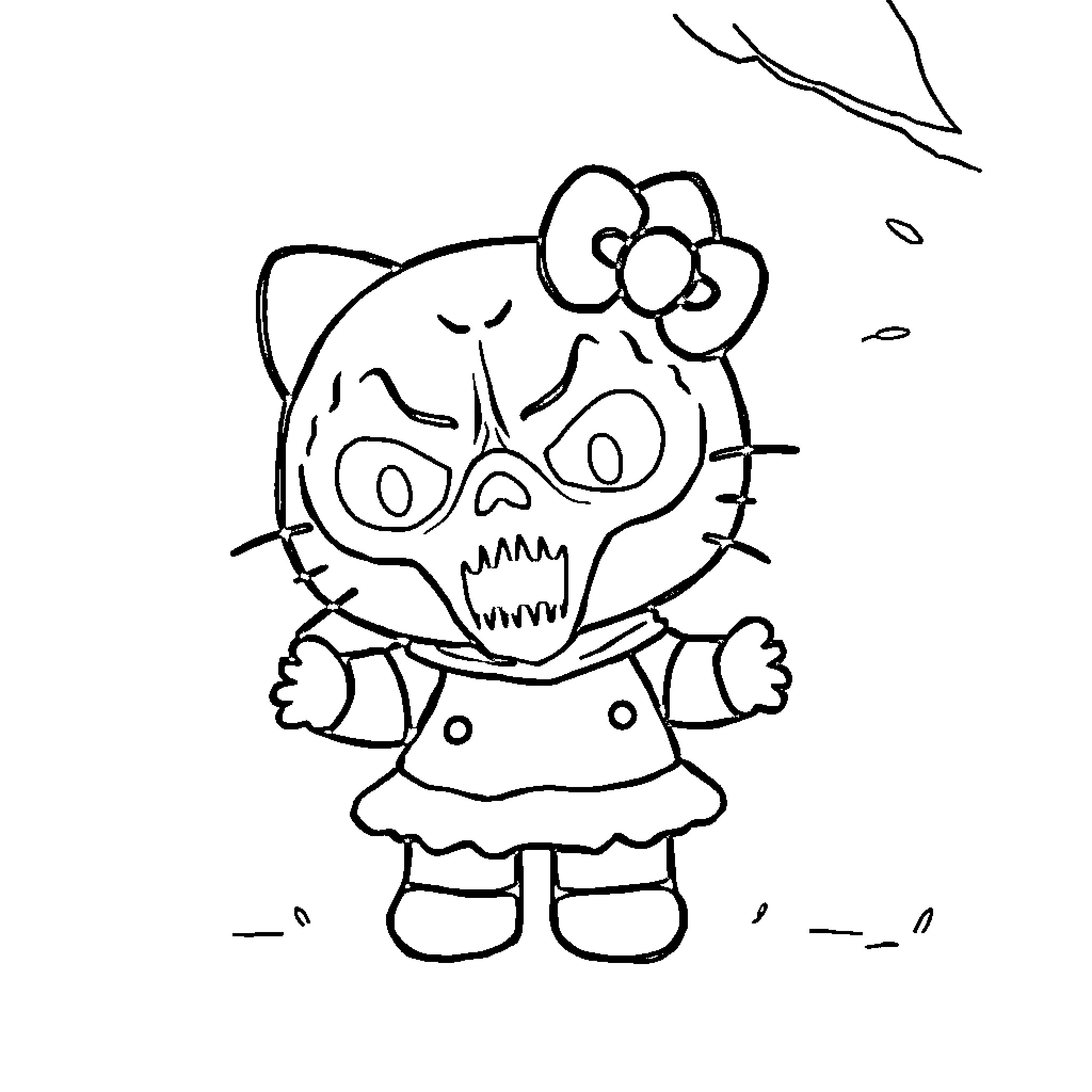 Hello Kitty Zombie Character Coloring Page (free black-and-white line drawing printable PDF for all, from beginners to advanced learners, including children, teens, adults, and seniors)