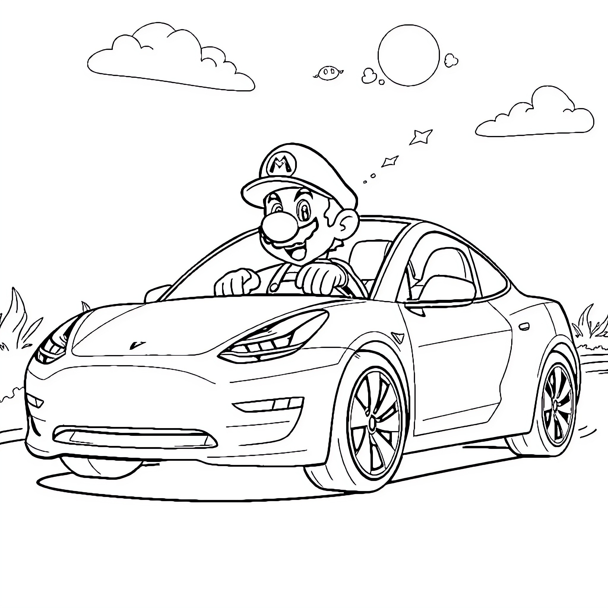 Super Mario driving a Tesla car Coloring Page (free black-and-white line drawing printable PDF for all, from beginners to advanced learners, including children, teens, adults, and seniors)