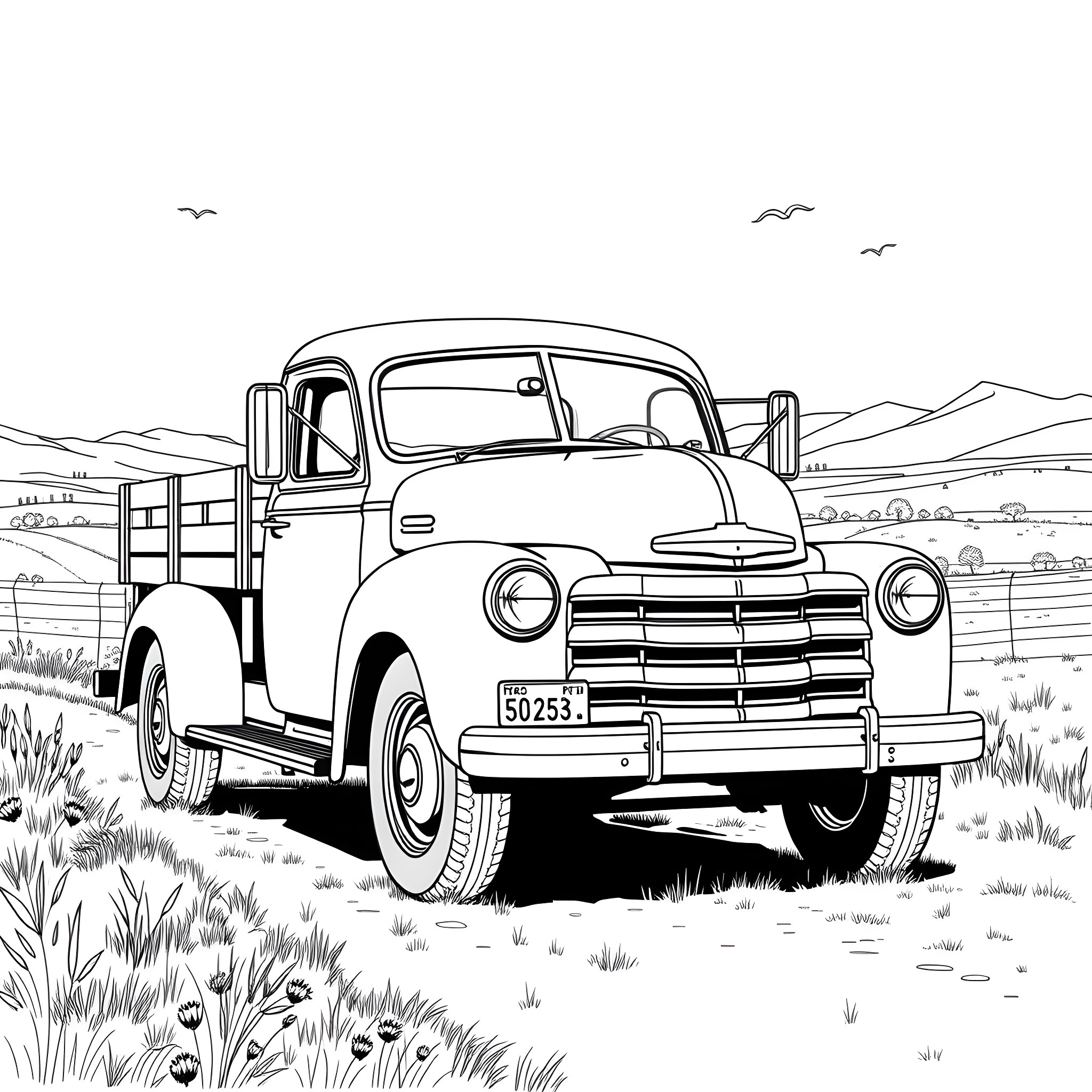 Truck in countryside landscape Coloring Page (free black-and-white line drawing printable PDF for all, from beginners to advanced learners, including children, teens, adults, and seniors)