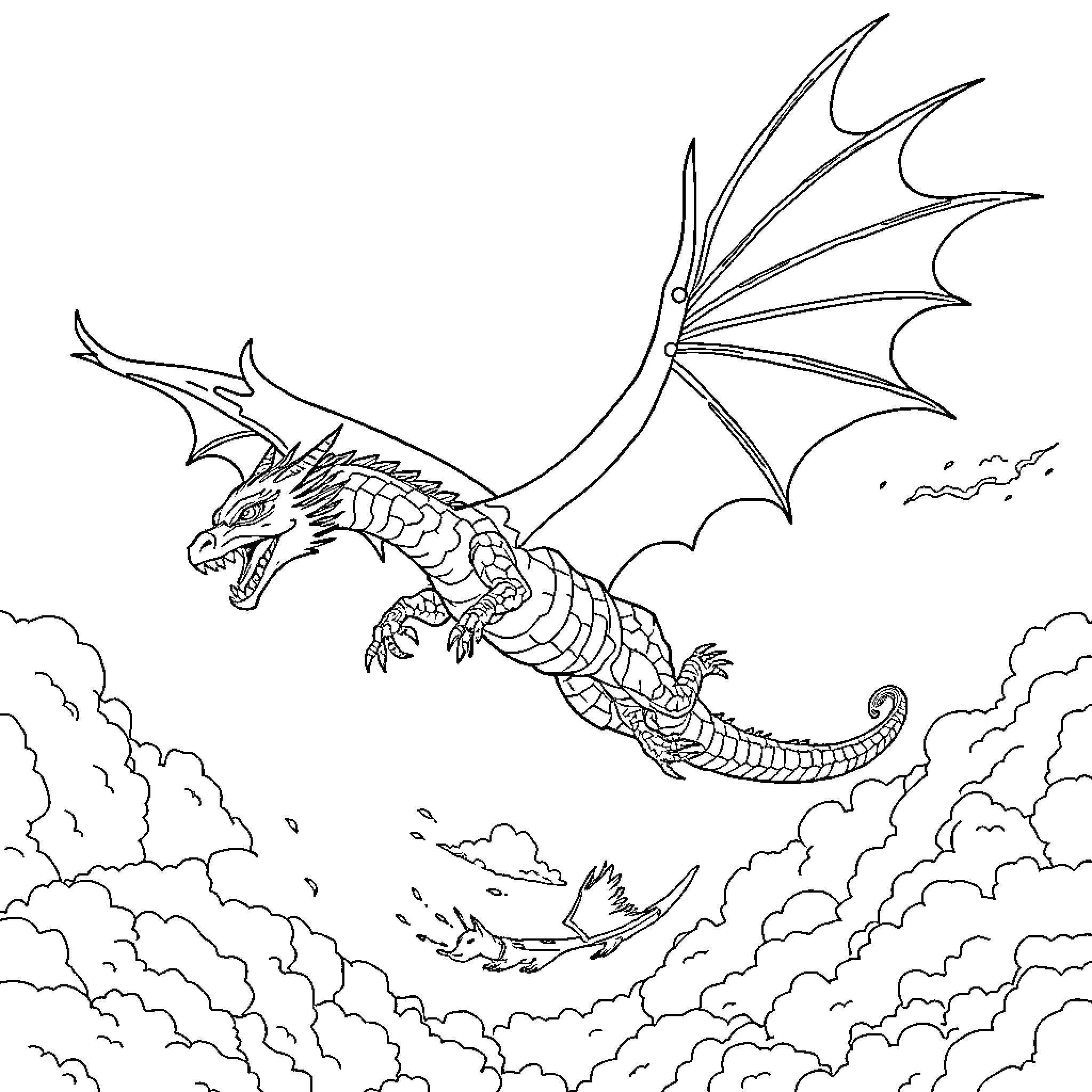 Dragon soaring through cloudy skies Coloring Page (free black-and-white line drawing printable PDF for all, from beginners to advanced learners, including children, teens, adults, and seniors)