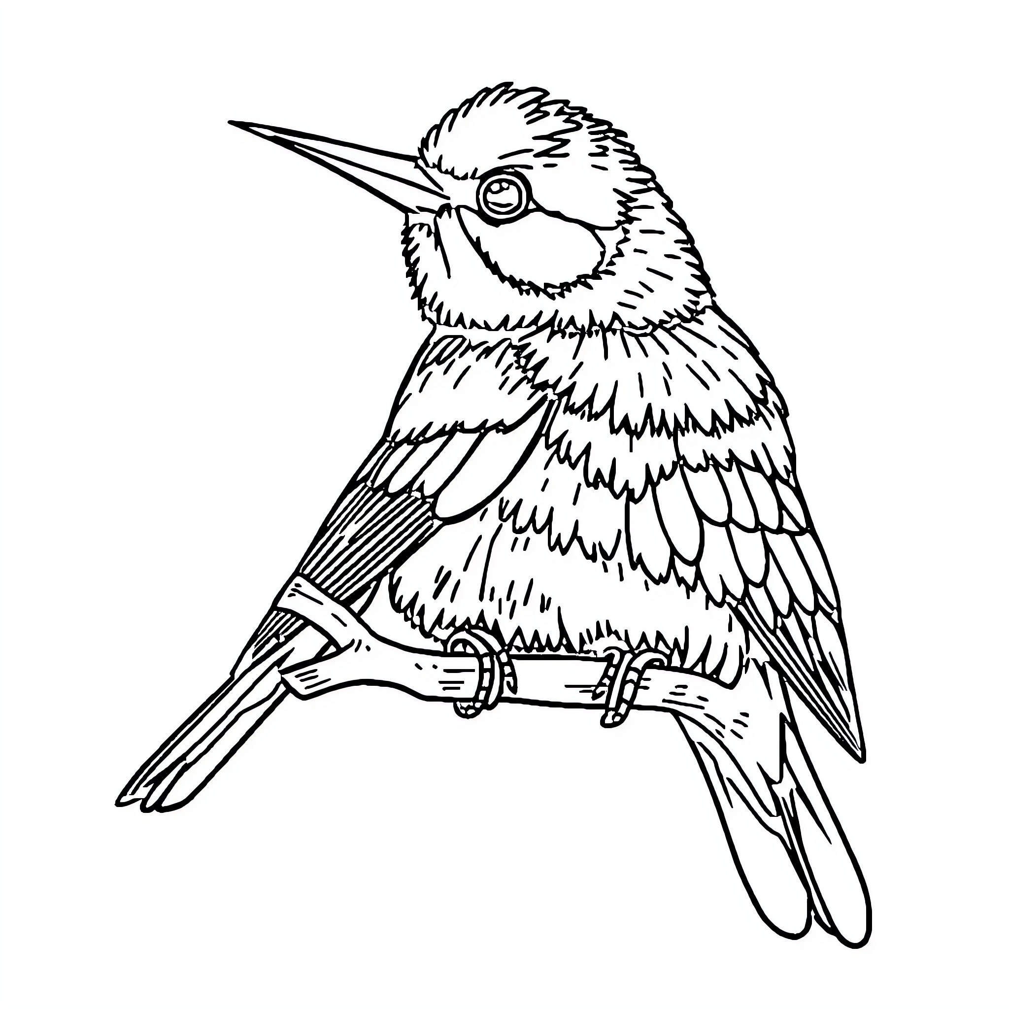 Ocelopilli Perched Bird with Intricate Feathers Coloring Page (free black-and-white line drawing printable PDF for all, from beginners to advanced learners, including children, teens, adults, and seniors)