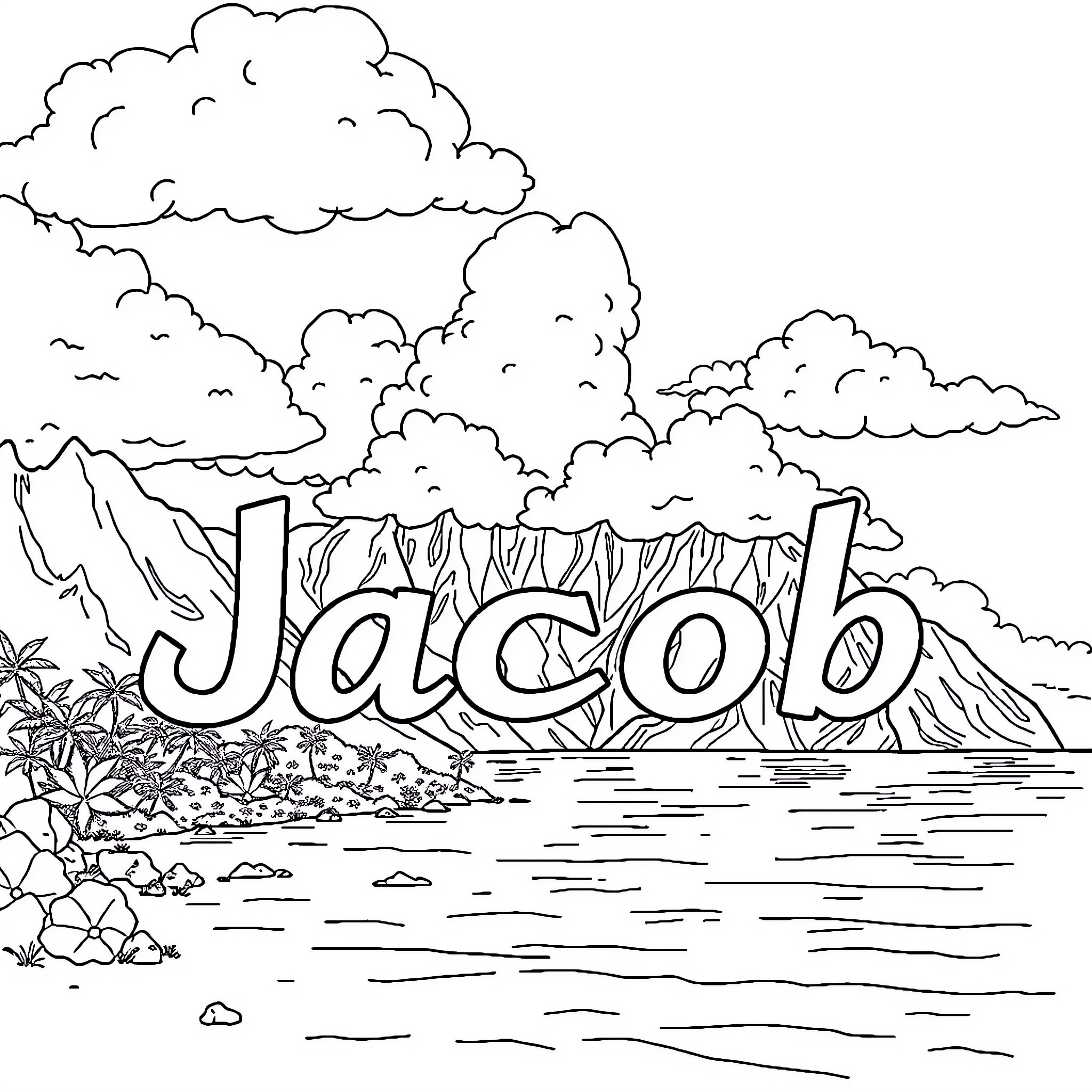 Island with Dramatic Landscape and Name Coloring Page (free black-and-white line drawing printable PDF for all, from beginners to advanced learners, including children, teens, adults, and seniors)