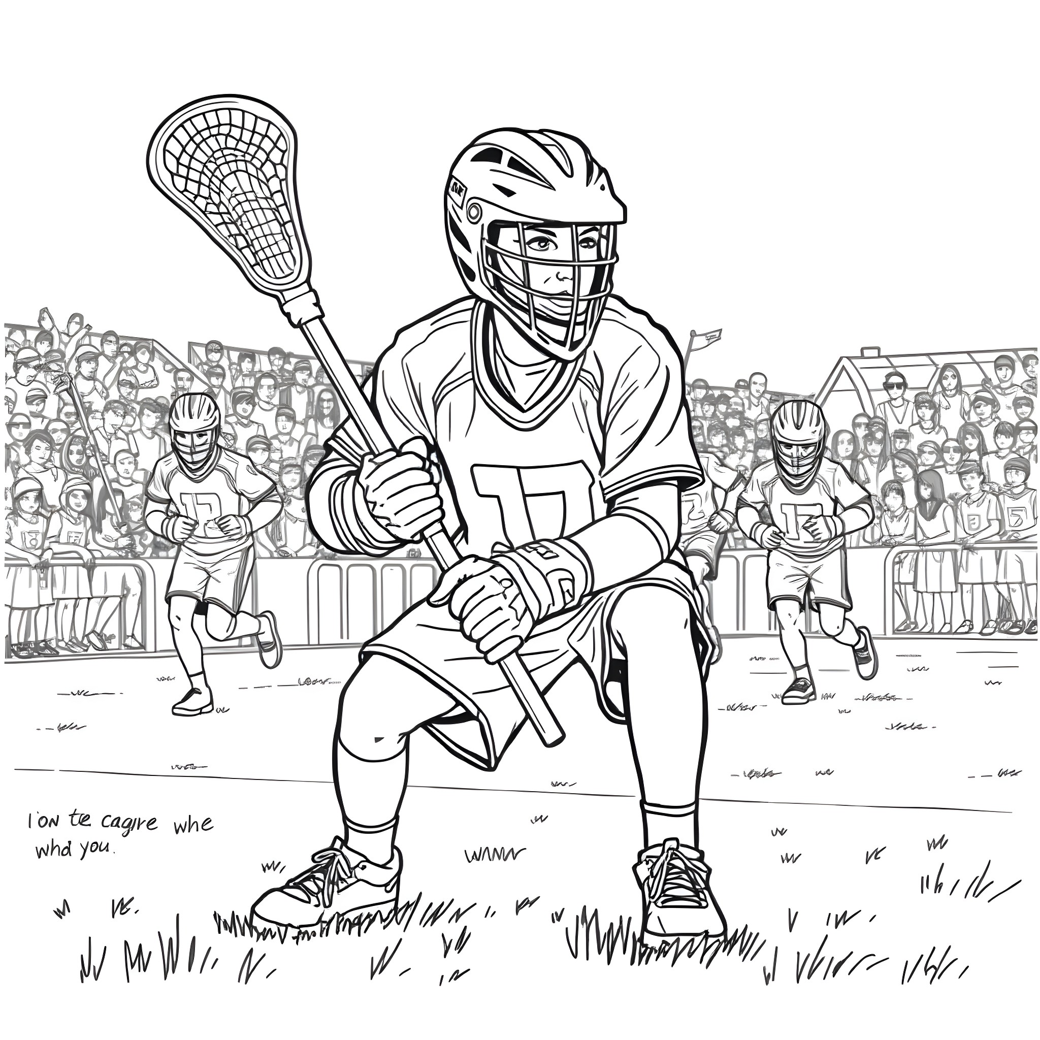 Lacrosse Goalie Defending the Goal with Determination Coloring Page (free black-and-white line drawing printable PDF for all, from beginners to advanced learners, including children, teens, adults, and seniors)