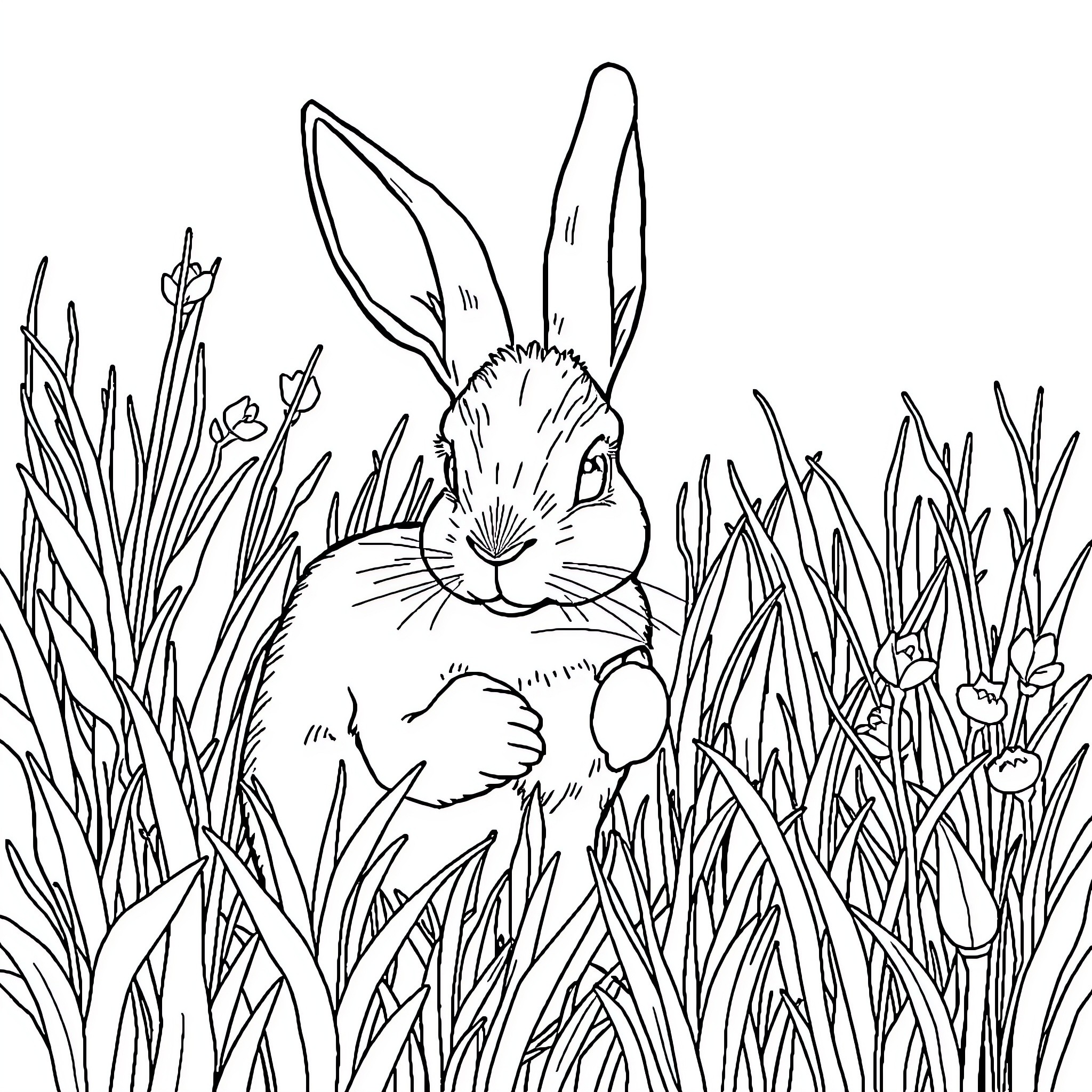 Rabbit nestled in the tall grass Coloring Page (free black-and-white line drawing printable PDF for all, from beginners to advanced learners, including children, teens, adults, and seniors)
