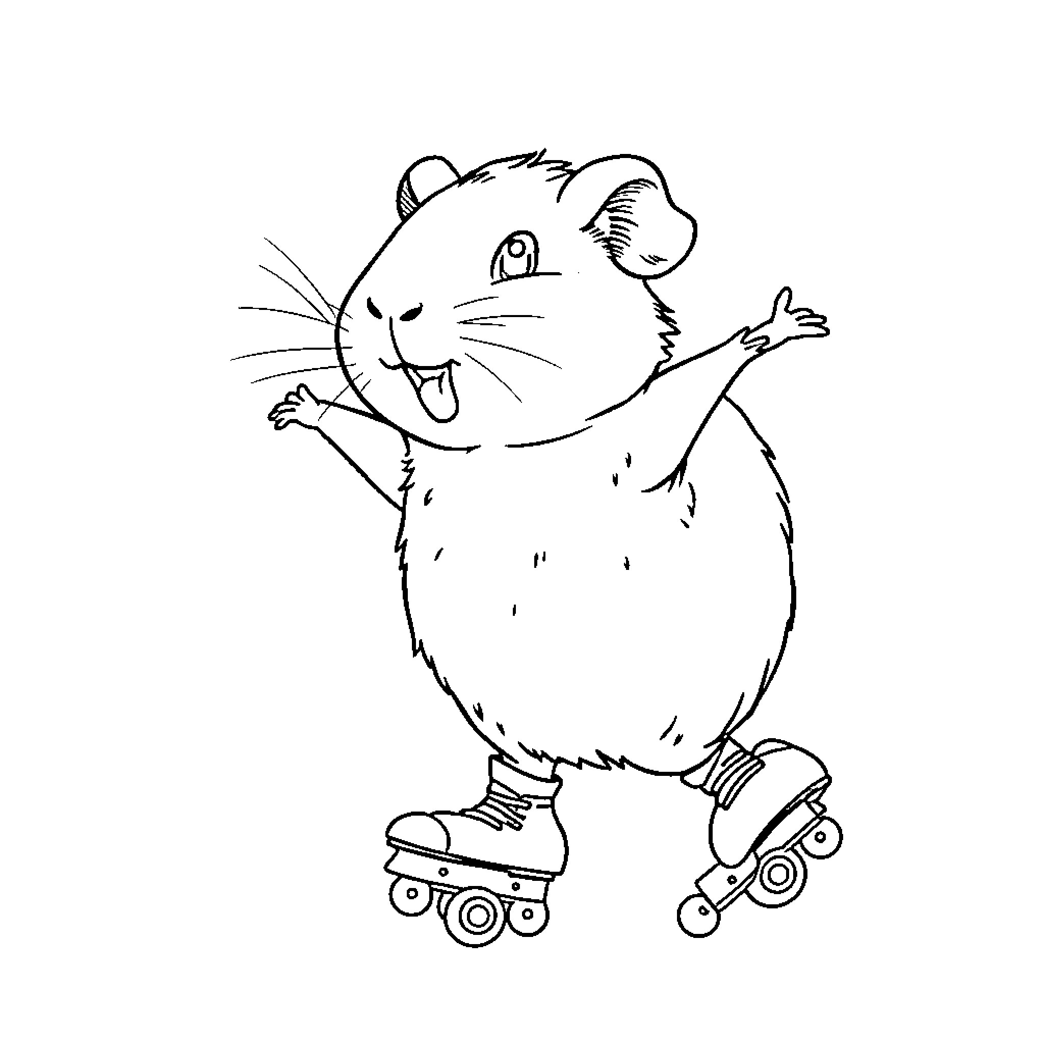 Guinea Pig Enjoying Roller Skating Coloring Page (free black-and-white line drawing printable PDF for all, from beginners to advanced learners, including children, teens, adults, and seniors)