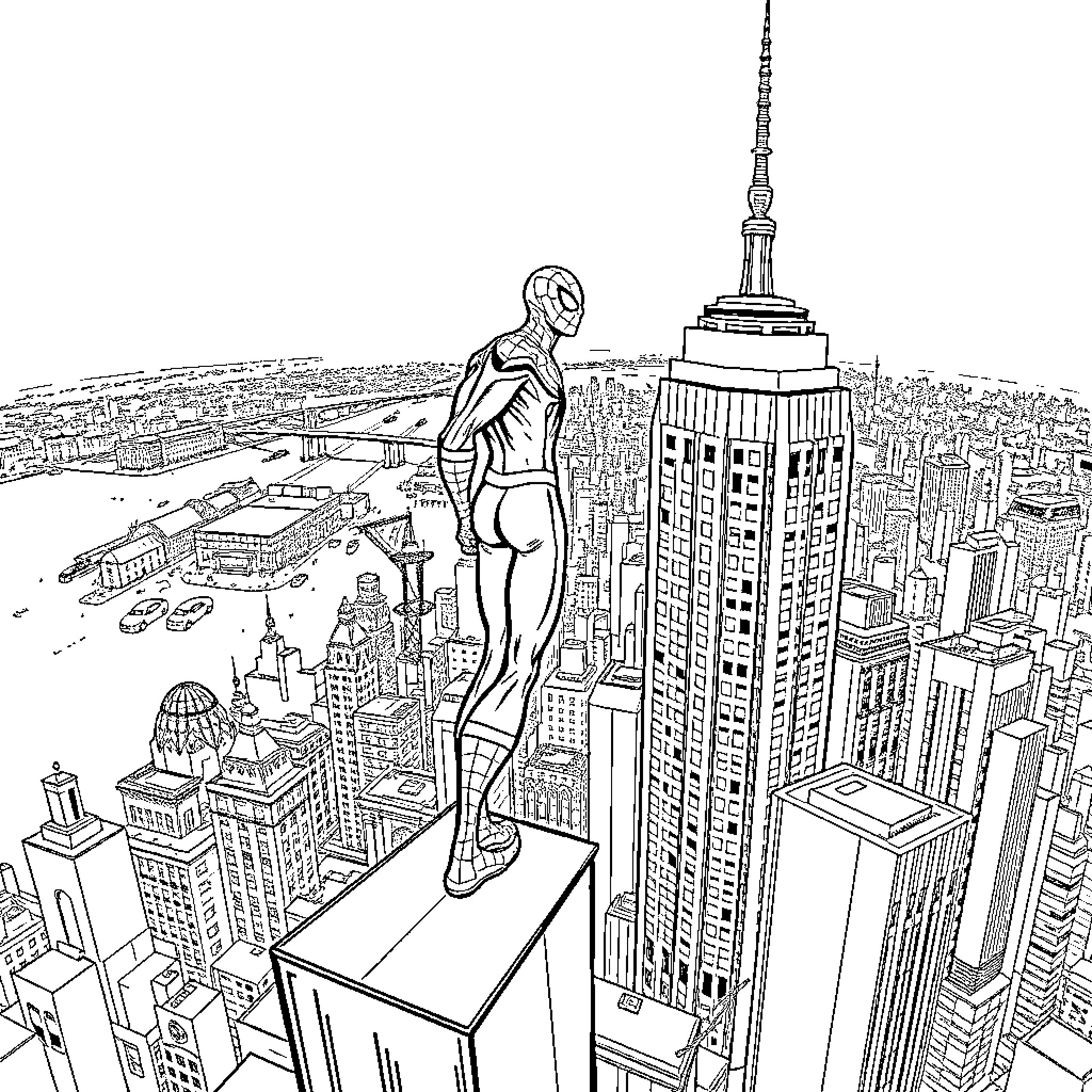 Spider-Man overlooking New York City skyline Coloring Page (free black-and-white line drawing printable PDF for all, from beginners to advanced learners, including children, teens, adults, and seniors)