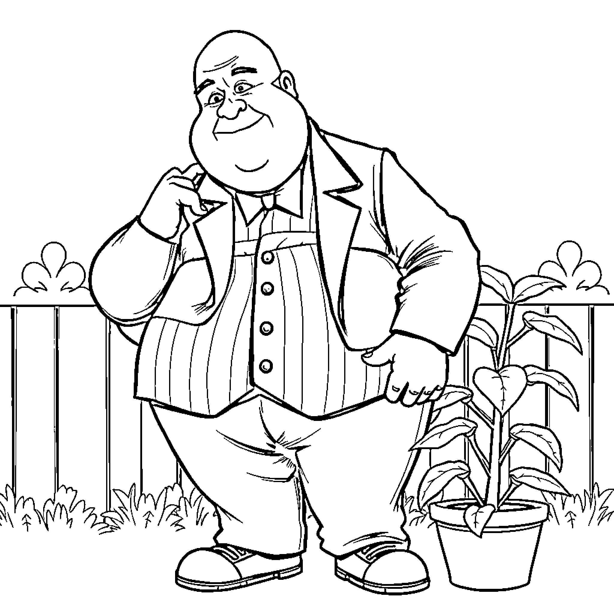 Seymour tending to his garden with a smile Coloring Page (free black-and-white line drawing printable PDF for all, from beginners to advanced learners, including children, teens, adults, and seniors)