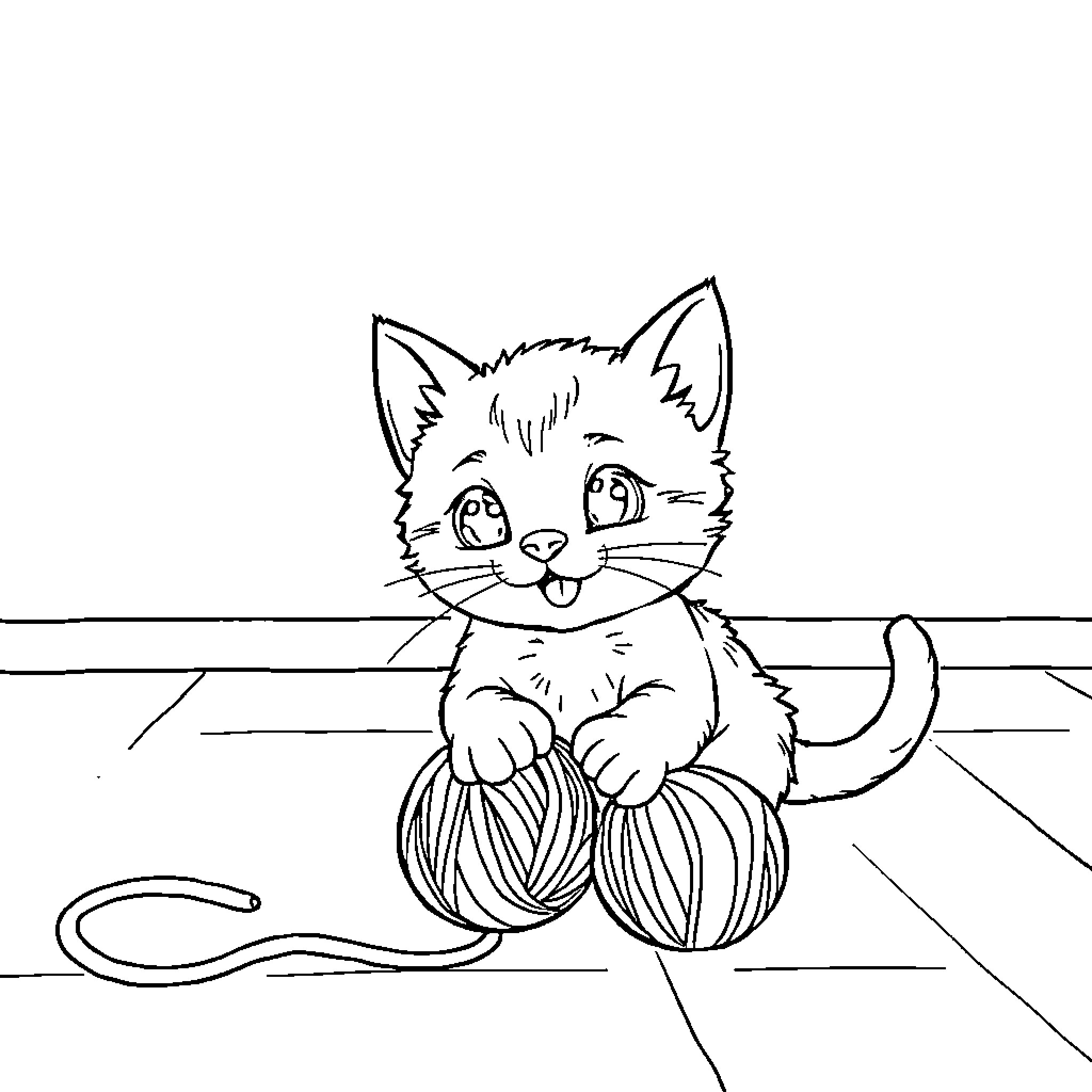 Cat playing with yarn ball on the floor Coloring Page (free black-and-white line drawing printable PDF for all, from beginners to advanced learners, including children, teens, adults, and seniors)