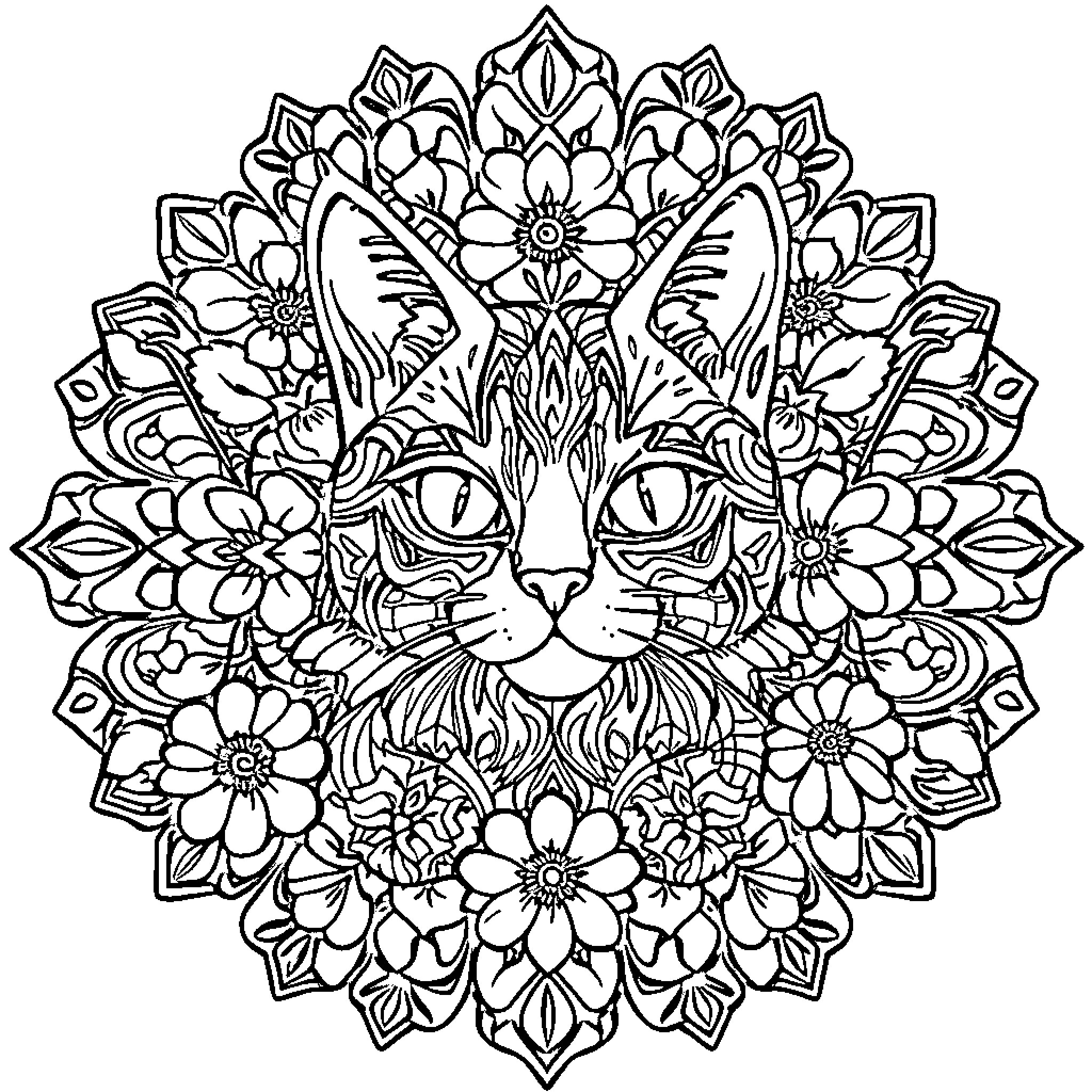Cat surrounded by ornate floral design Coloring Page (free black-and-white line drawing printable PDF for all, from beginners to advanced learners, including children, teens, adults, and seniors)
