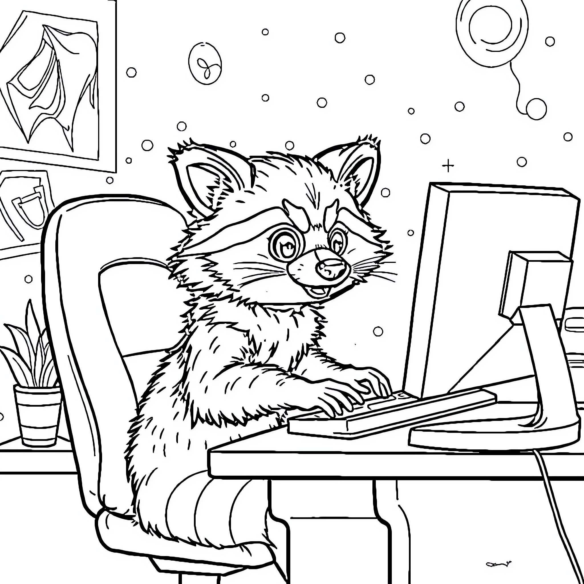 Raccoon working diligently at computer in office Coloring Page (free black-and-white line drawing printable PDF for all, from beginners to advanced learners, including children, teens, adults, and seniors)