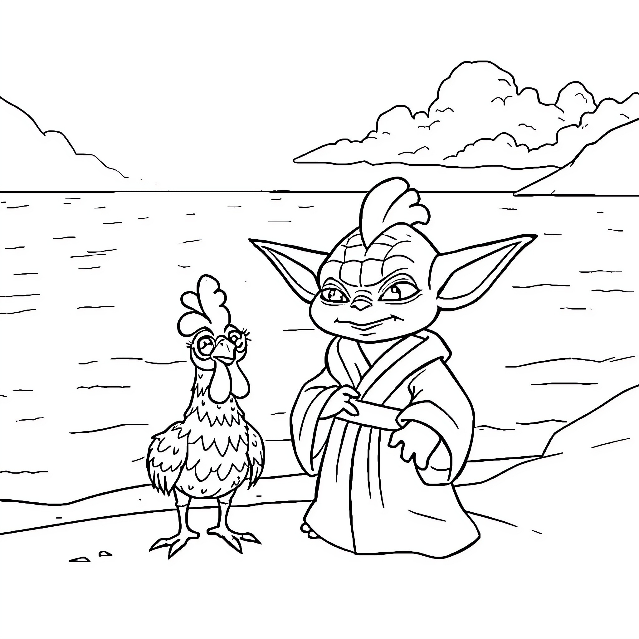 Yoda interacting with a quirky chicken in a serene setting Coloring Page (free black-and-white line drawing printable PDF for all, from beginners to advanced learners, including children, teens, adults, and seniors)