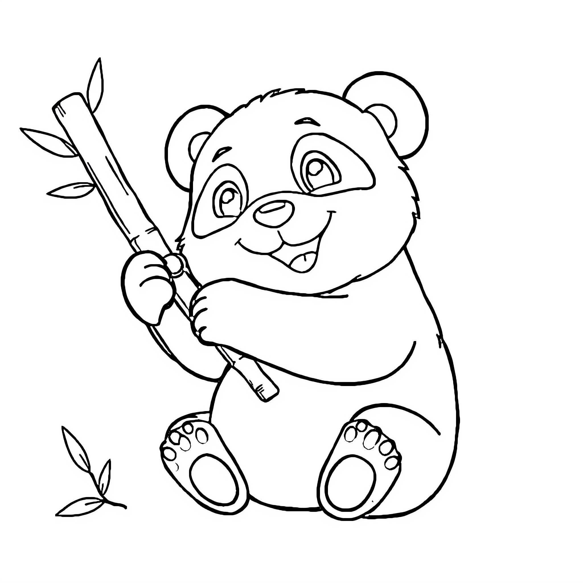 Panda playing happily with bamboo sticks Coloring Page (free black-and-white line drawing printable PDF for all, from beginners to advanced learners, including children, teens, adults, and seniors)