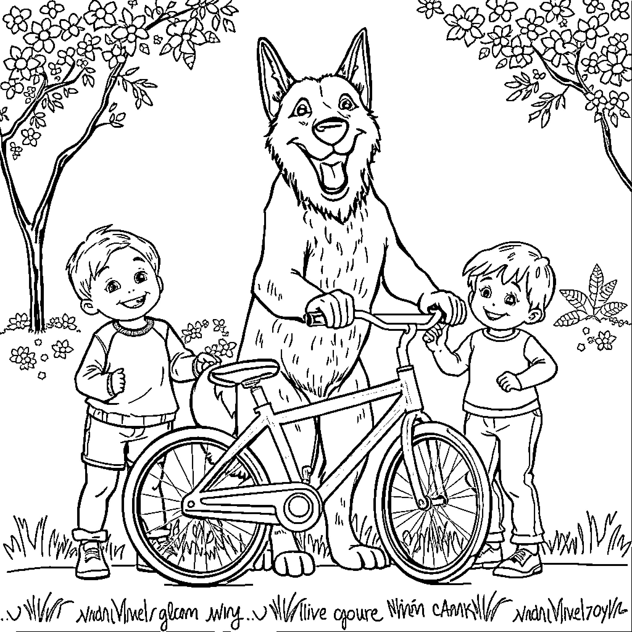 Kangal shepherd dog and children enjoying a bike ride Coloring Page (free black-and-white line drawing printable PDF for all, from beginners to advanced learners, including children, teens, adults, and seniors)