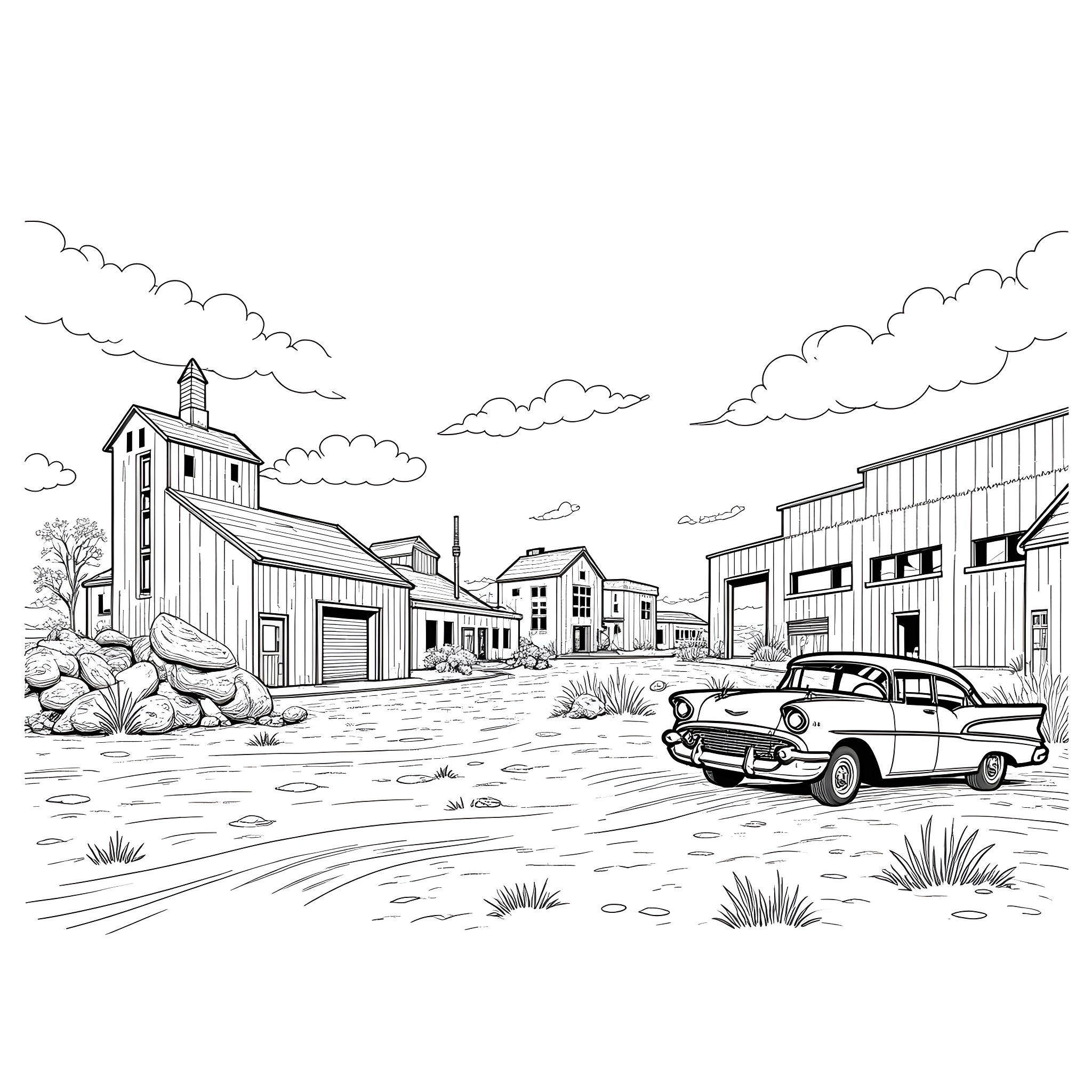 Fallout 4 - Abandoned City Street with Vintage Car Coloring Page (free black-and-white line drawing printable PDF for all, from beginners to advanced learners, including children, teens, adults, and seniors)
