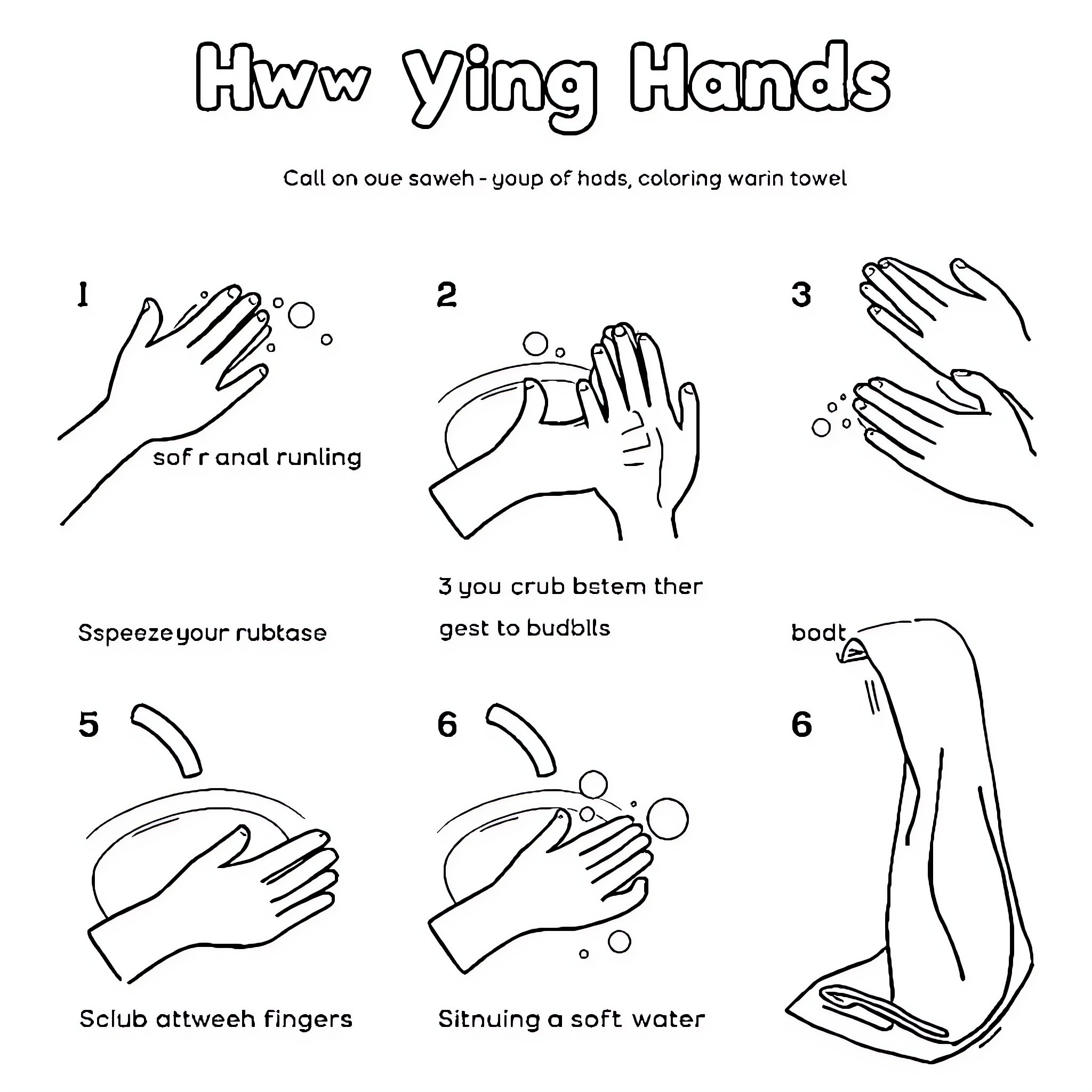 Handwashing step-by-step illustration guide Coloring Page (free black-and-white line drawing printable PDF for all, from beginners to advanced learners, including children, teens, adults, and seniors)