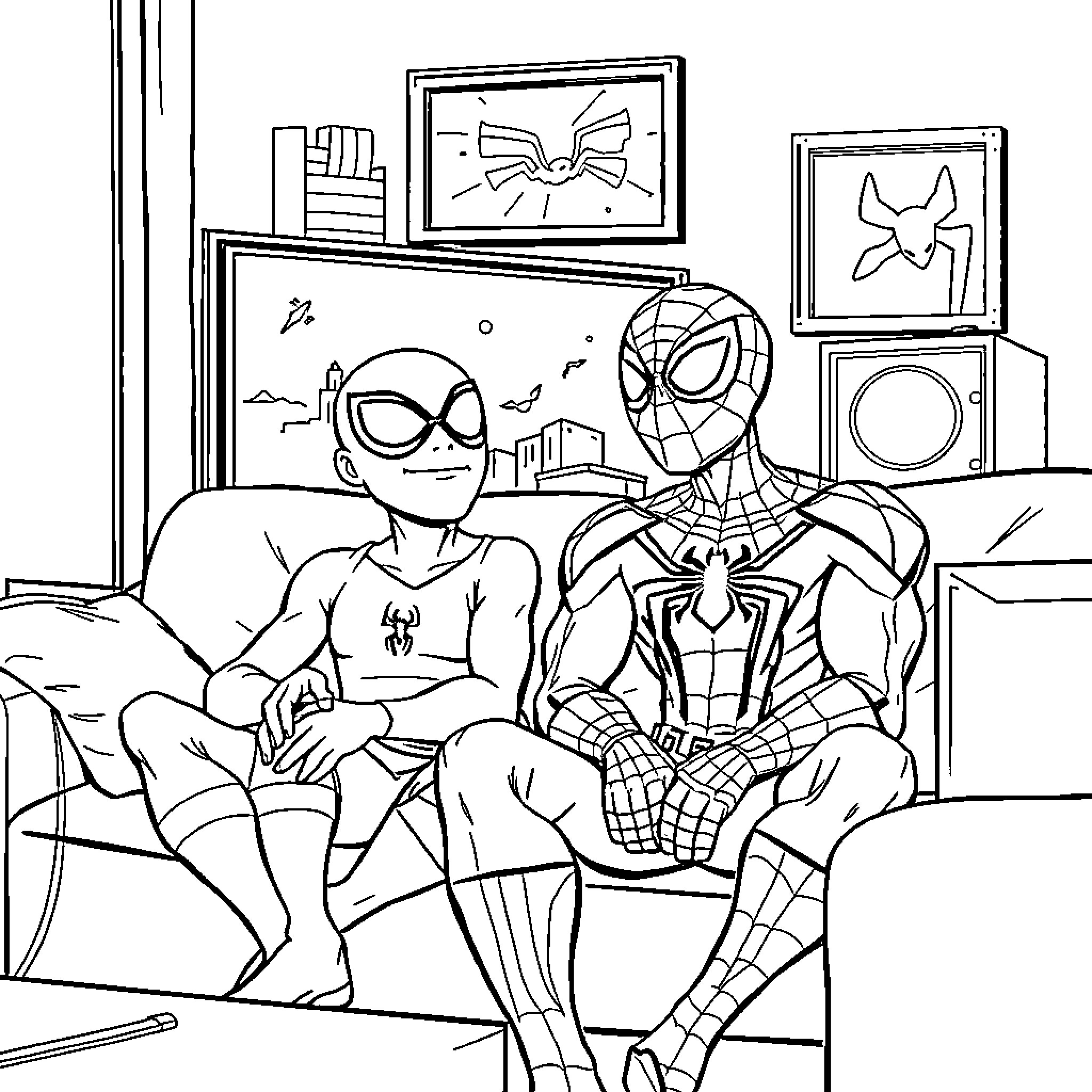 Bluey Superheroes Relaxing in Living Room Coloring Page (free black-and-white line drawing printable PDF for all, from beginners to advanced learners, including children, teens, adults, and seniors)