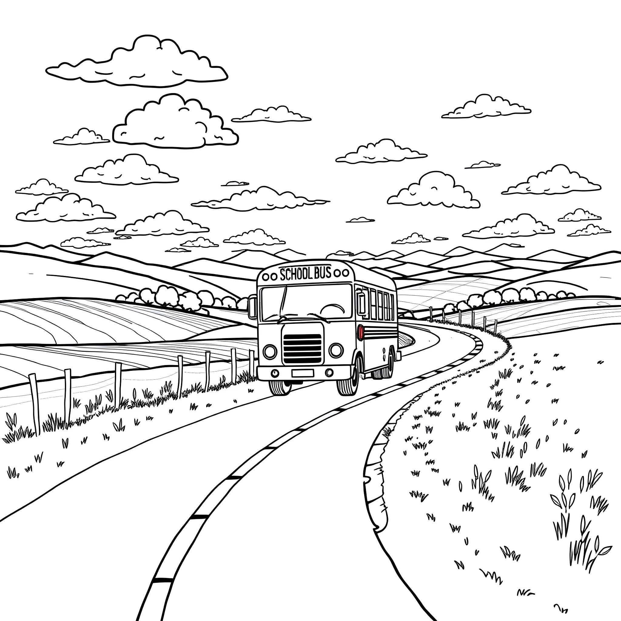 School Bus Traveling on a Winding Country Road Coloring Page (free black-and-white line drawing printable PDF for all, from beginners to advanced learners, including children, teens, adults, and seniors)