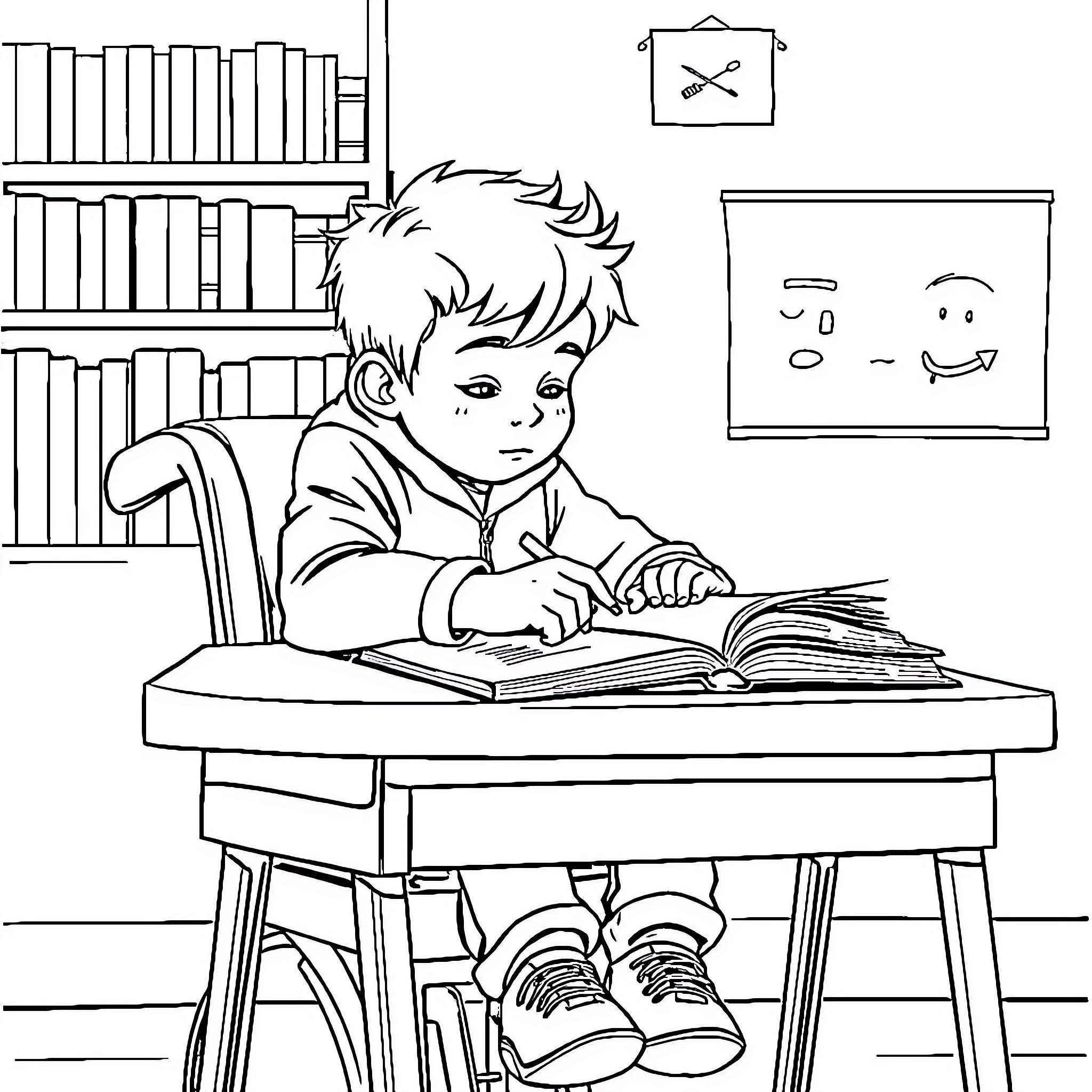 Child Studying Diligently in Classroom Coloring Page (free black-and-white line drawing printable PDF for all, from beginners to advanced learners, including children, teens, adults, and seniors)