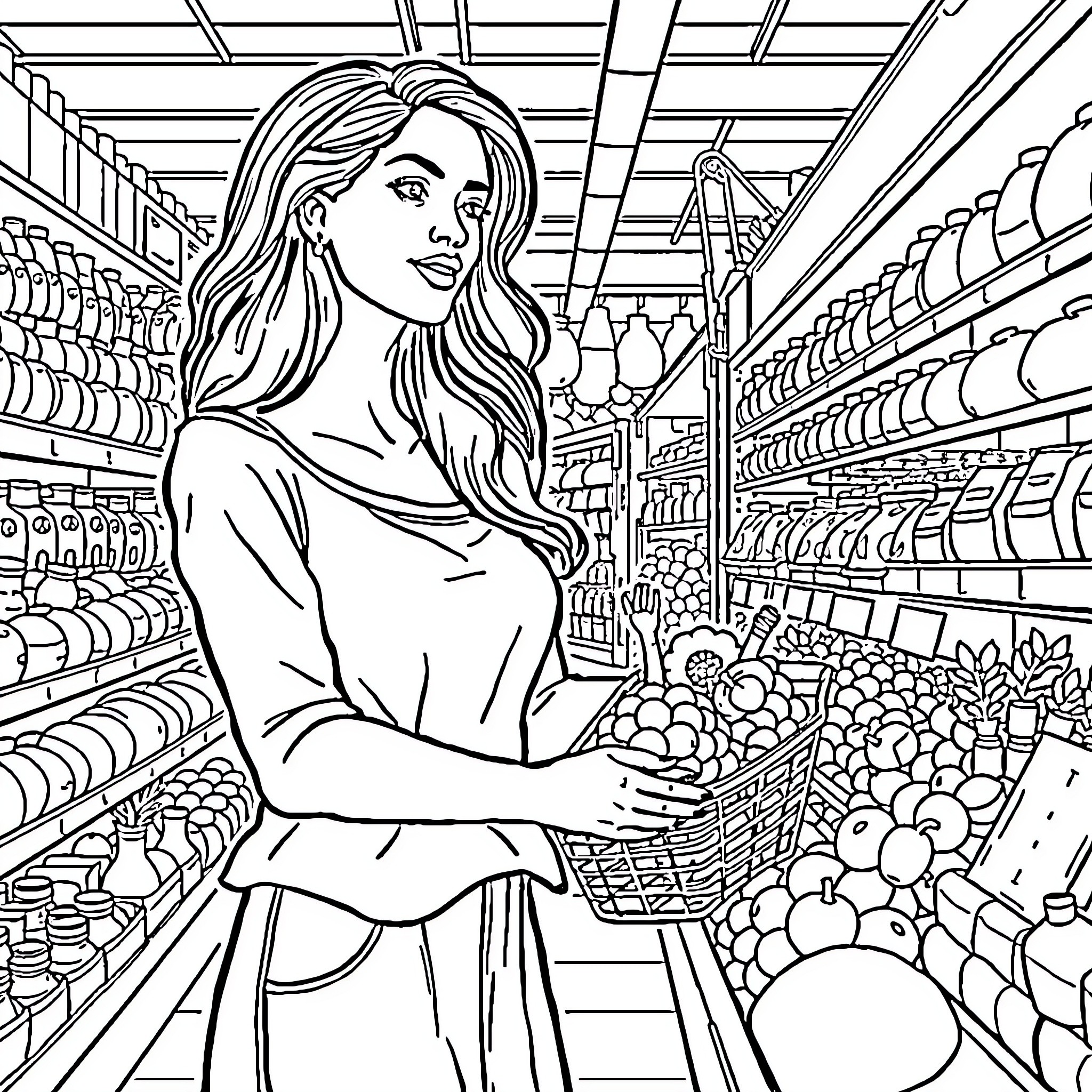 Mujer haciendo compras en el supermercado Coloring Page (free black-and-white line drawing printable PDF for all, from beginners to advanced learners, including children, teens, adults, and seniors)