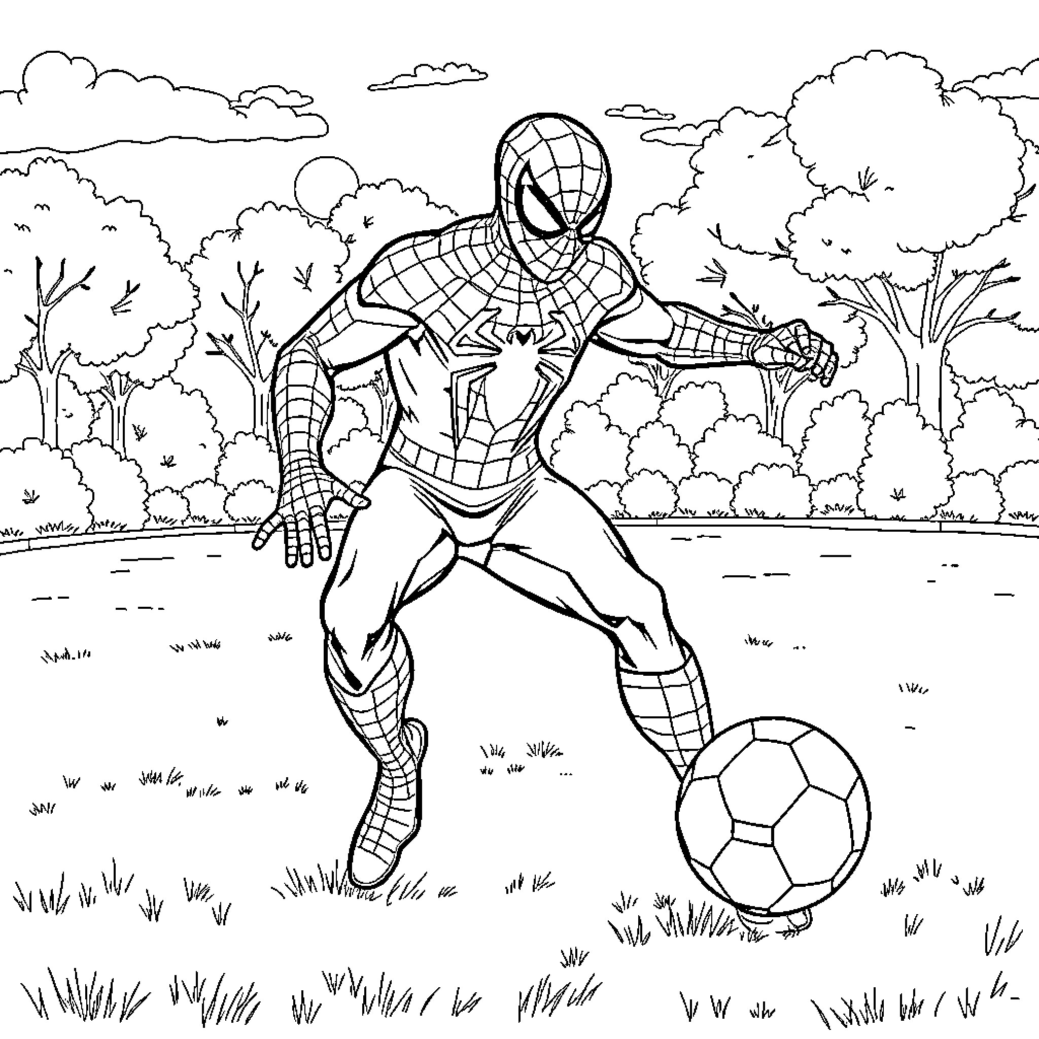 Spider-Man playing soccer in the park Coloring Page (free black-and-white line drawing printable PDF for all, from beginners to advanced learners, including children, teens, adults, and seniors)