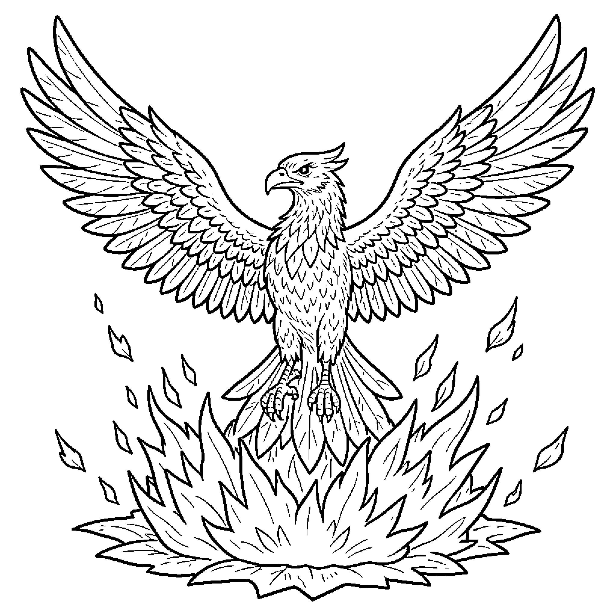 Phoenix rising majestically from a bed of flames Coloring Page (free black-and-white line drawing printable PDF for all, from beginners to advanced learners, including children, teens, adults, and seniors)