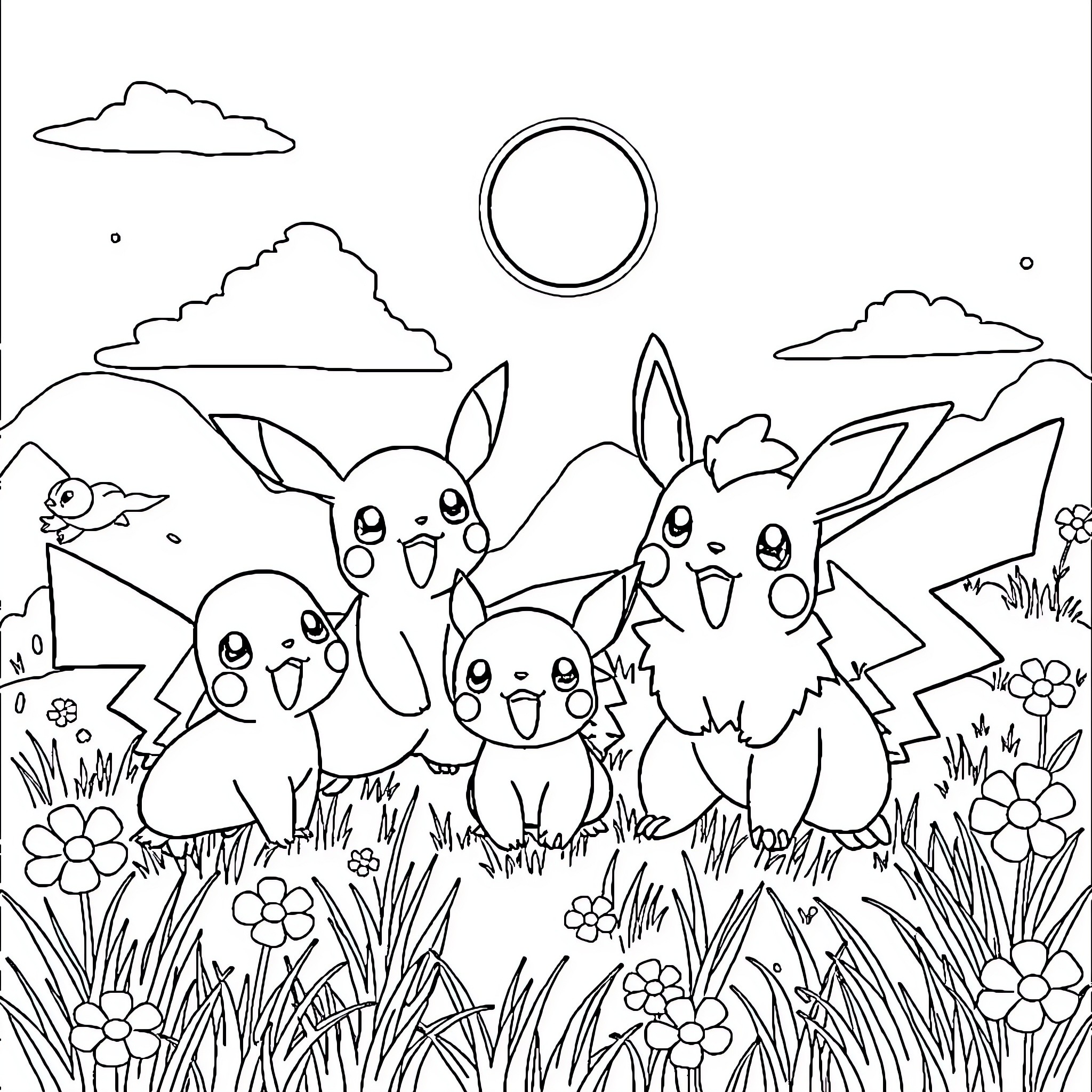 Pokémon enjoying a cheerful outdoor scene Coloring Page (free black-and-white line drawing printable PDF for all, from beginners to advanced learners, including children, teens, adults, and seniors)