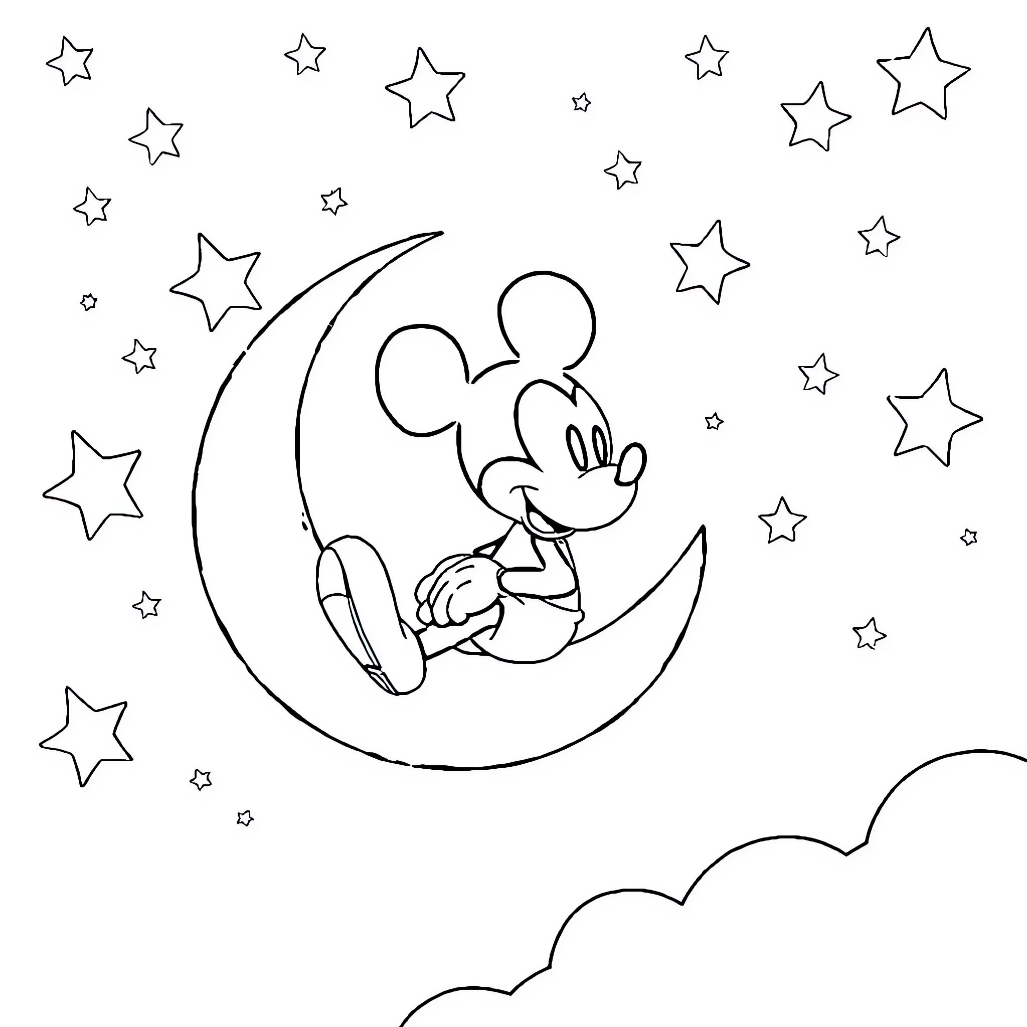Mickey relaxing on the crescent moon surrounded by stars Coloring Page (free black-and-white line drawing printable PDF for all, from beginners to advanced learners, including children, teens, adults, and seniors)