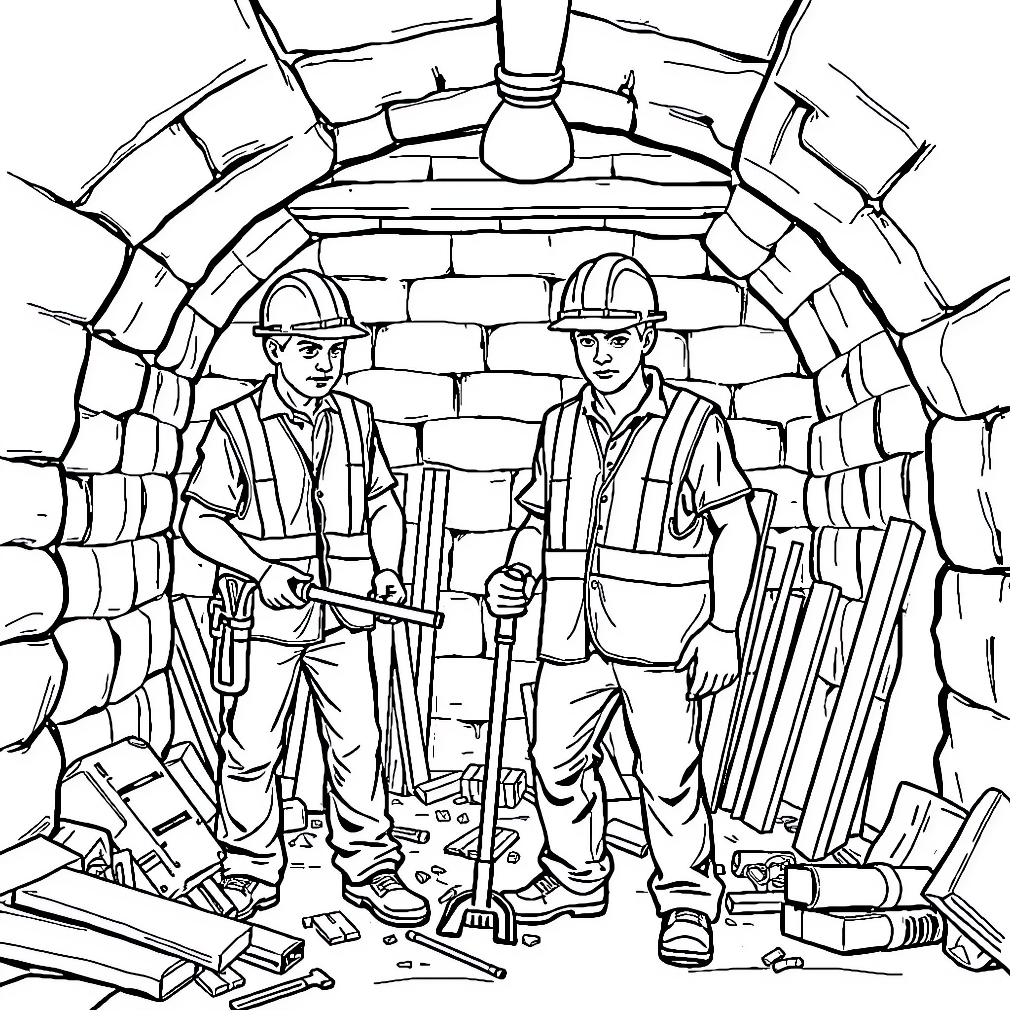 Construction Workers Working in Tunnel Coloring Page (free black-and-white line drawing printable PDF for all, from beginners to advanced learners, including children, teens, adults, and seniors)
