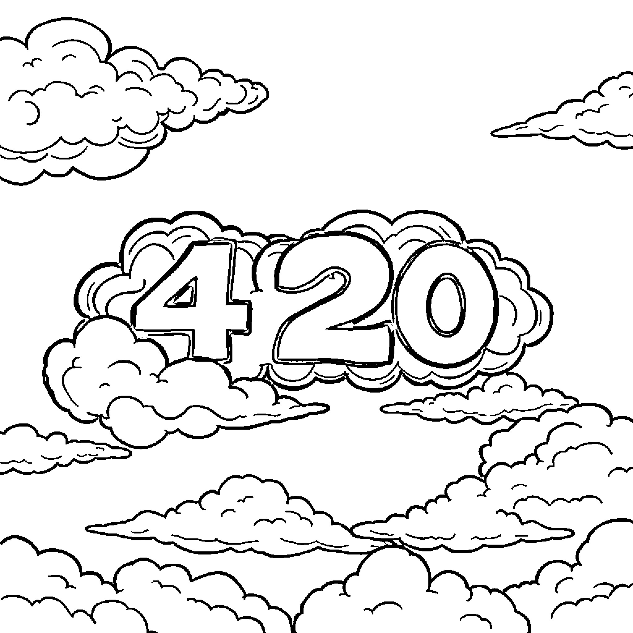 Hippie-inspired 420 celebration in the clouds Coloring Page (free black-and-white line drawing printable PDF for all, from beginners to advanced learners, including children, teens, adults, and seniors)