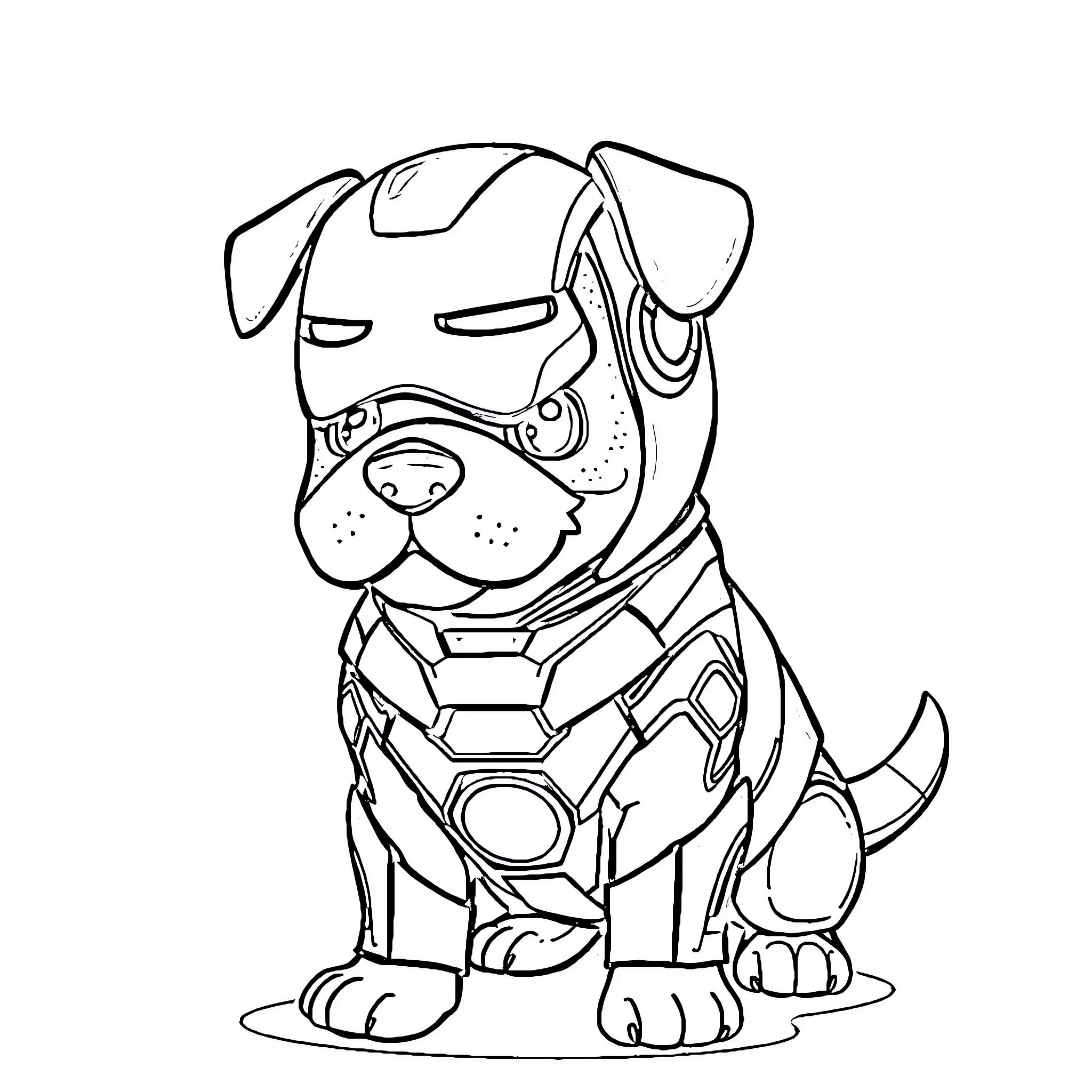 Ironman Puppy in Robotic Costume Coloring Page (free black-and-white line drawing printable PDF for all, from beginners to advanced learners, including children, teens, adults, and seniors)