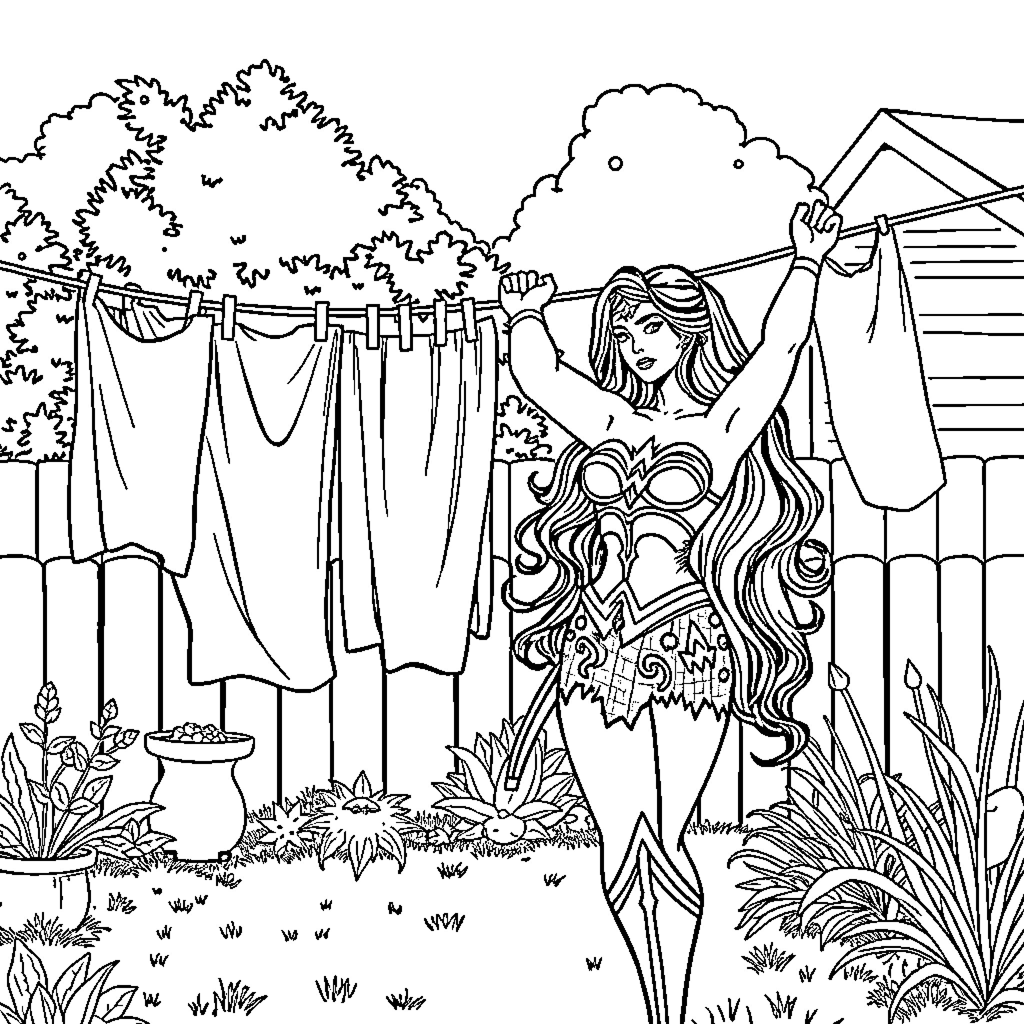 Wonder Woman hanging laundry in the backyard Coloring Page (free black-and-white line drawing printable PDF for all, from beginners to advanced learners, including children, teens, adults, and seniors)