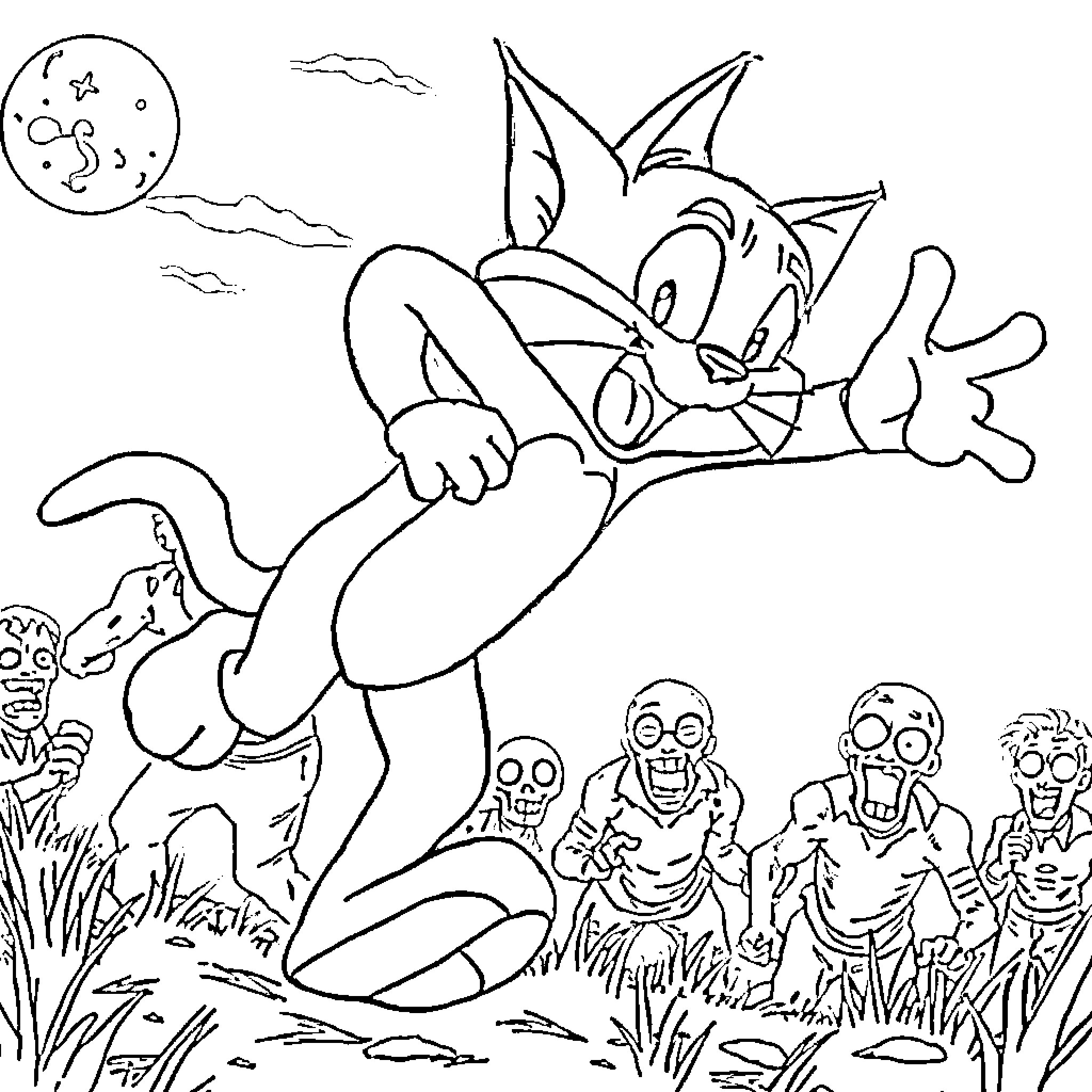 Zombie Rabbit Chasing Skeletons in Moonlit Night Coloring Page (free black-and-white line drawing printable PDF for all, from beginners to advanced learners, including children, teens, adults, and seniors)