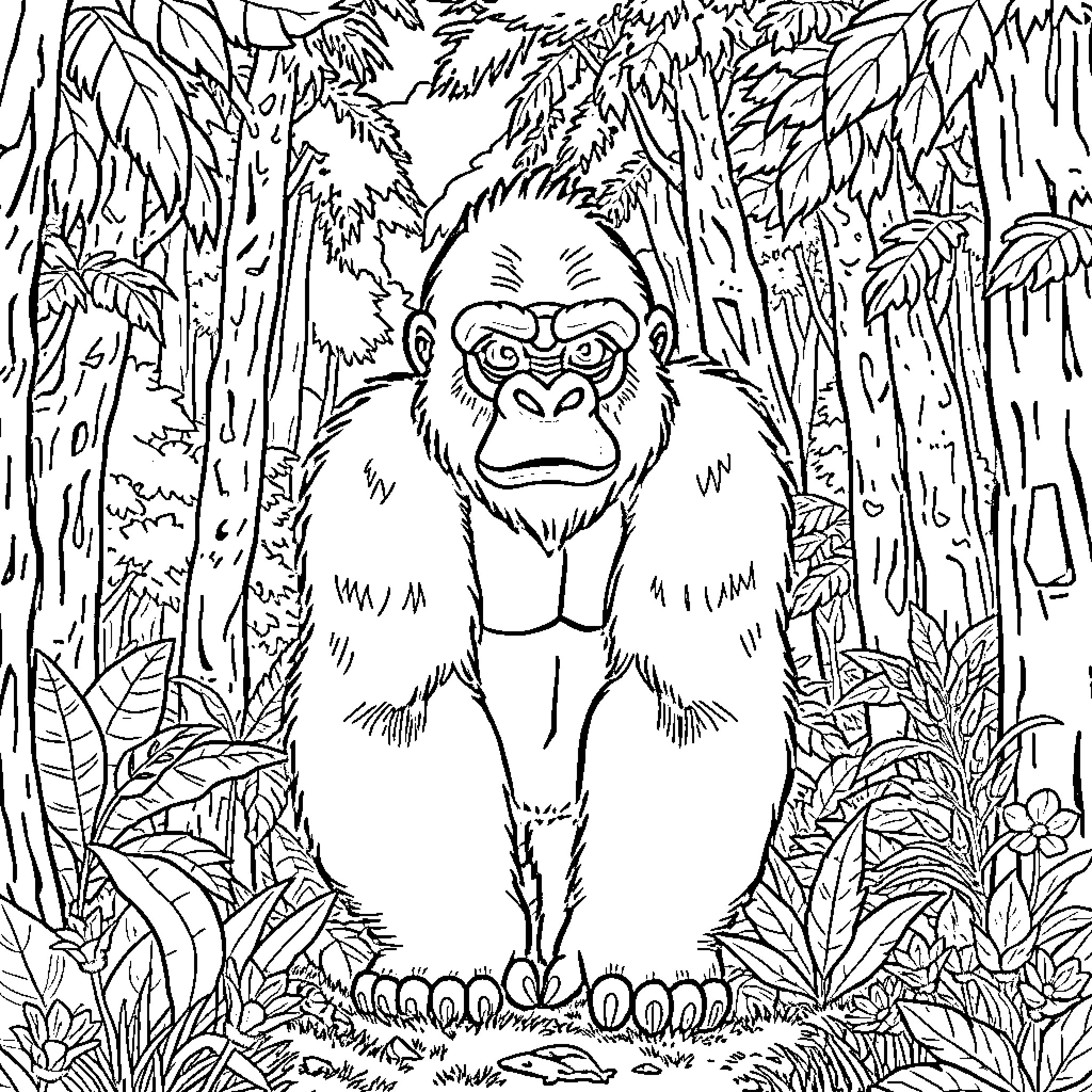 Gorilla in the Lush Jungle Habitat Coloring Page (free black-and-white line drawing printable PDF for all, from beginners to advanced learners, including children, teens, adults, and seniors)
