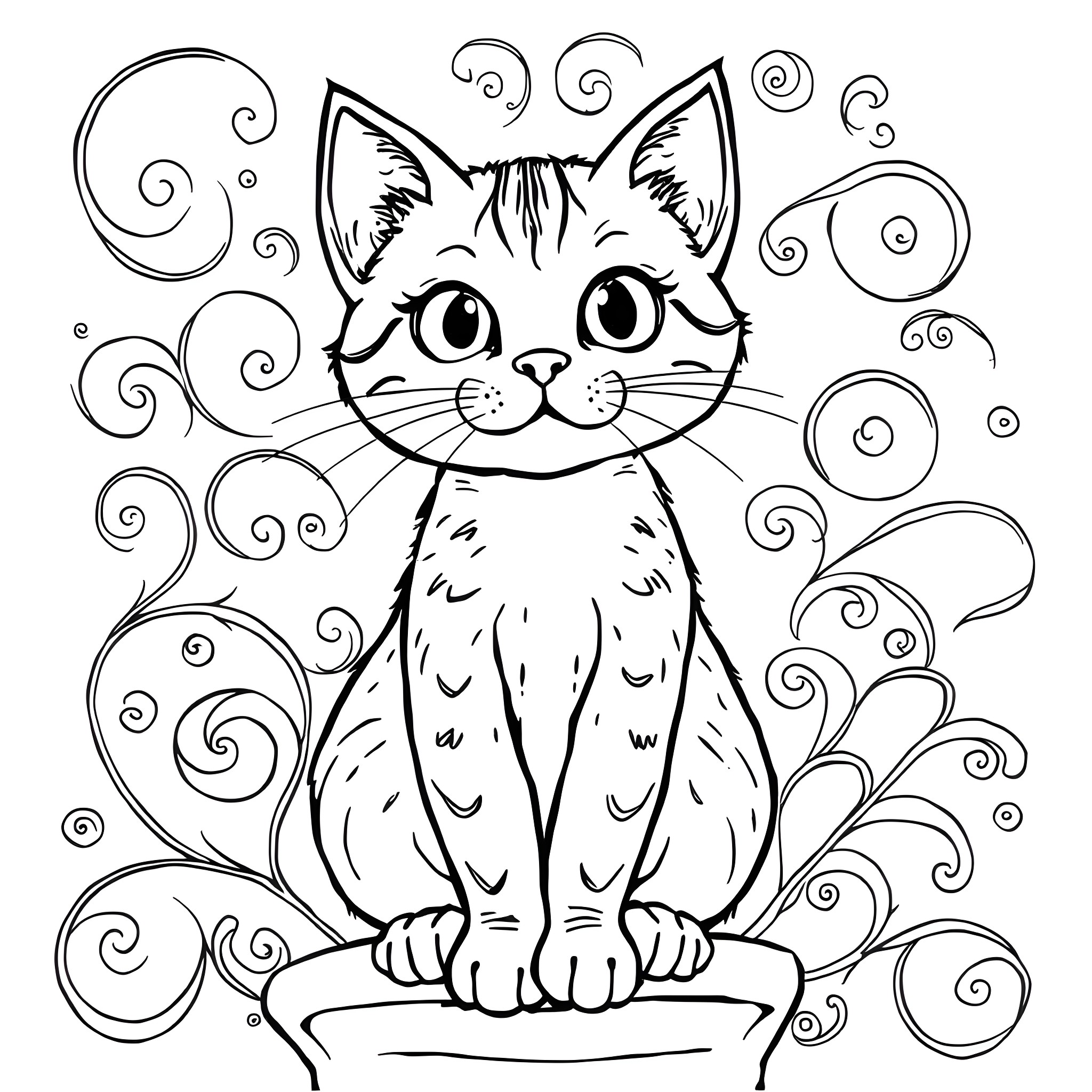 Cat sitting adorably with swirly patterns Coloring Page (free black-and-white line drawing printable PDF for all, from beginners to advanced learners, including children, teens, adults, and seniors)