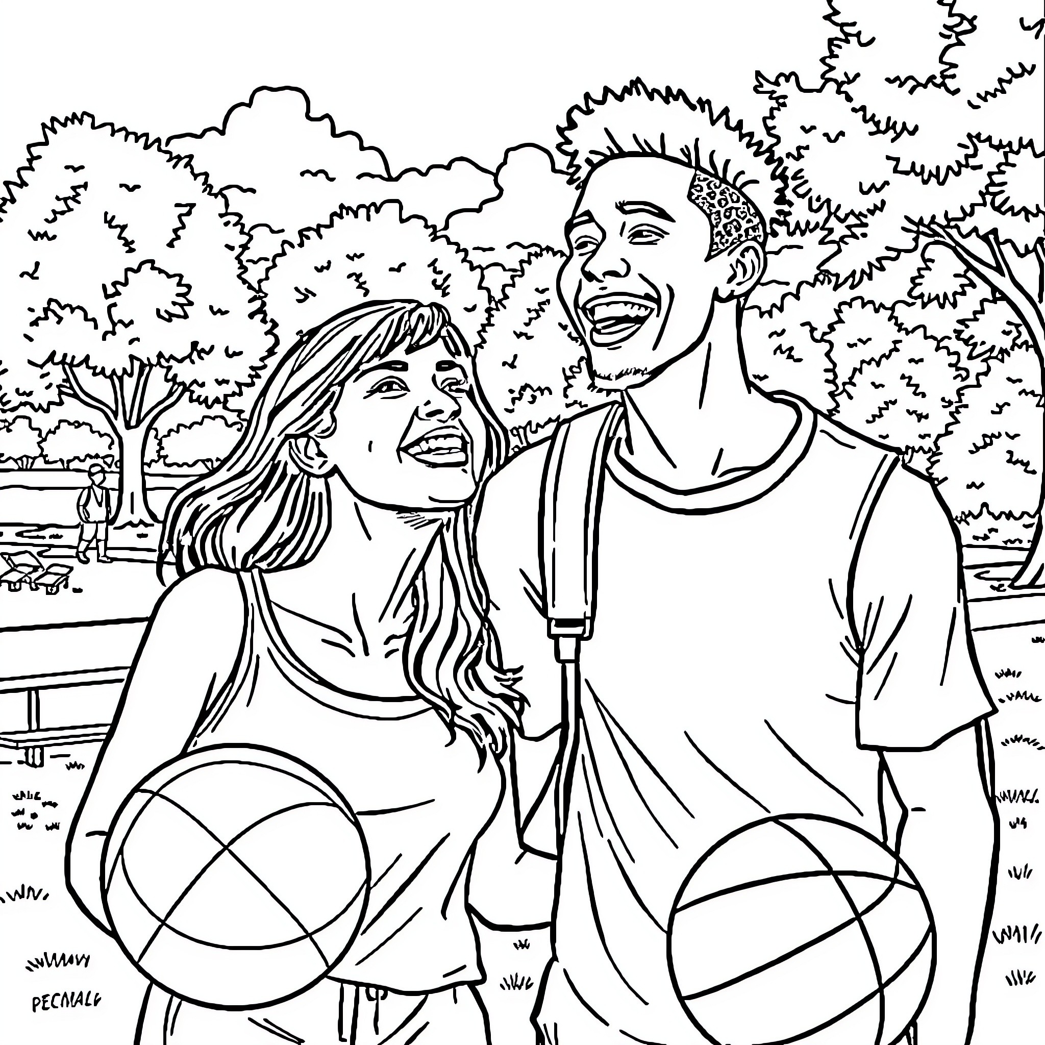 Basketball Player Celebrating with Teammate on Court Coloring Page (free black-and-white line drawing printable PDF for all, from beginners to advanced learners, including children, teens, adults, and seniors)