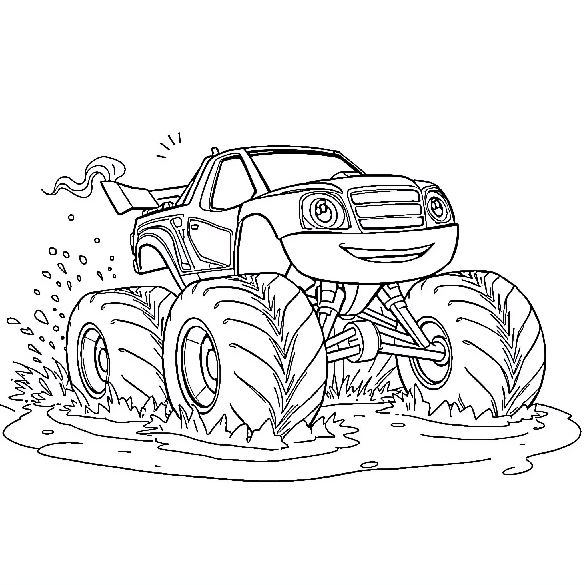 Blaze Conquering the Muddy Terrain Coloring Page (free black-and-white line drawing printable PDF for all, from beginners to advanced learners, including children, teens, adults, and seniors)