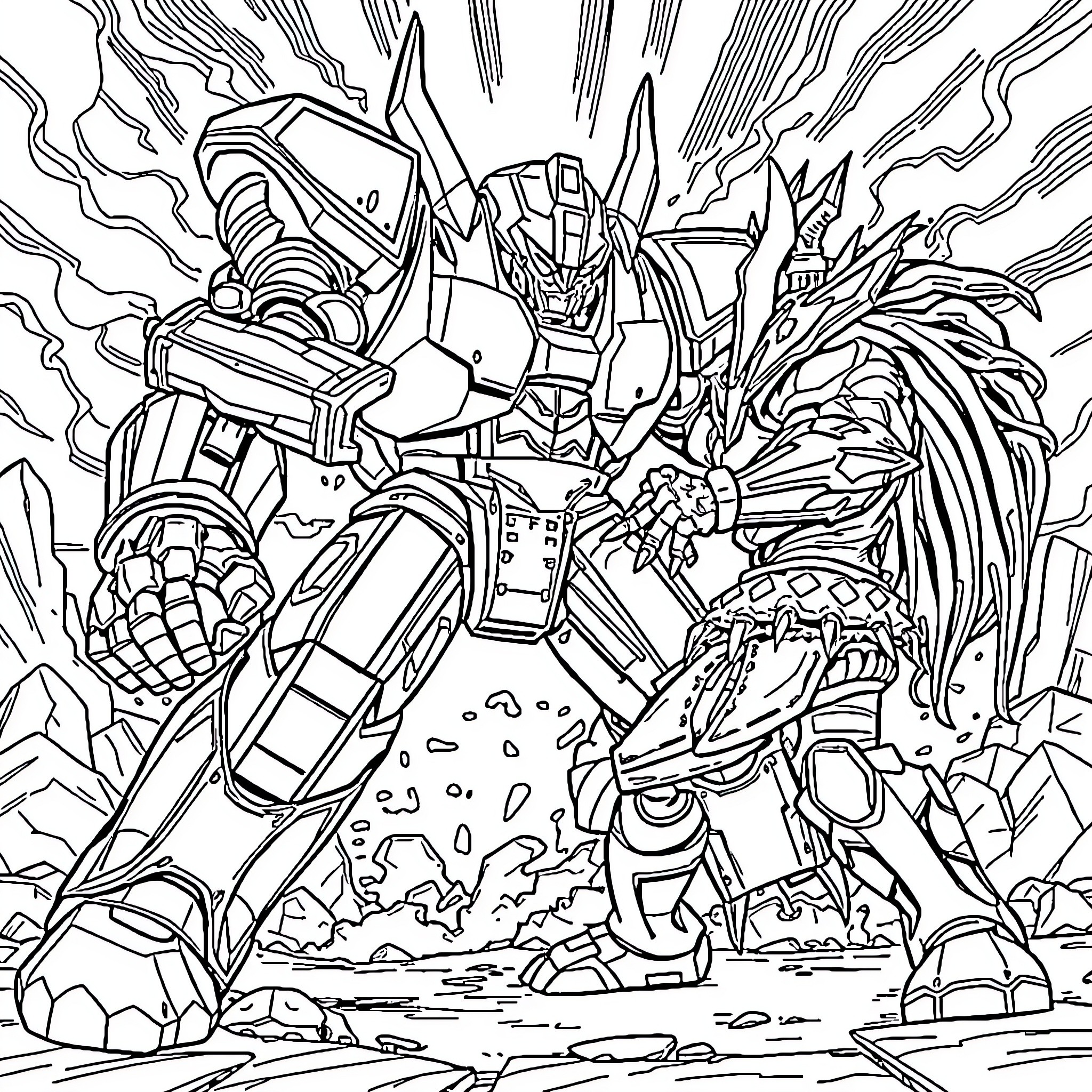 Goldorak battles against a fierce opponent Coloring Page (free black-and-white line drawing printable PDF for all, from beginners to advanced learners, including children, teens, adults, and seniors)